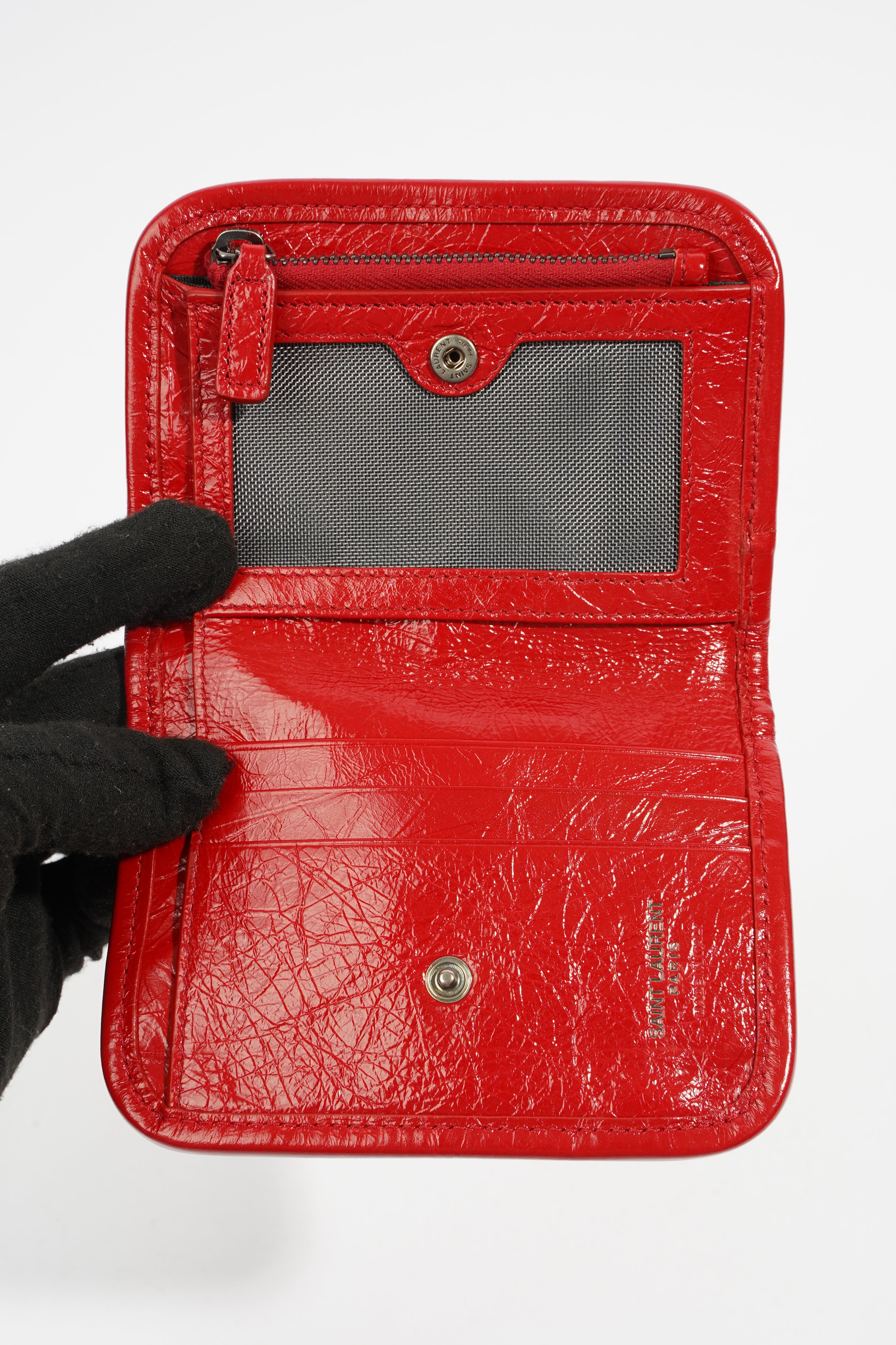Saint Laurent Distressed Leather Wallet Red Leather