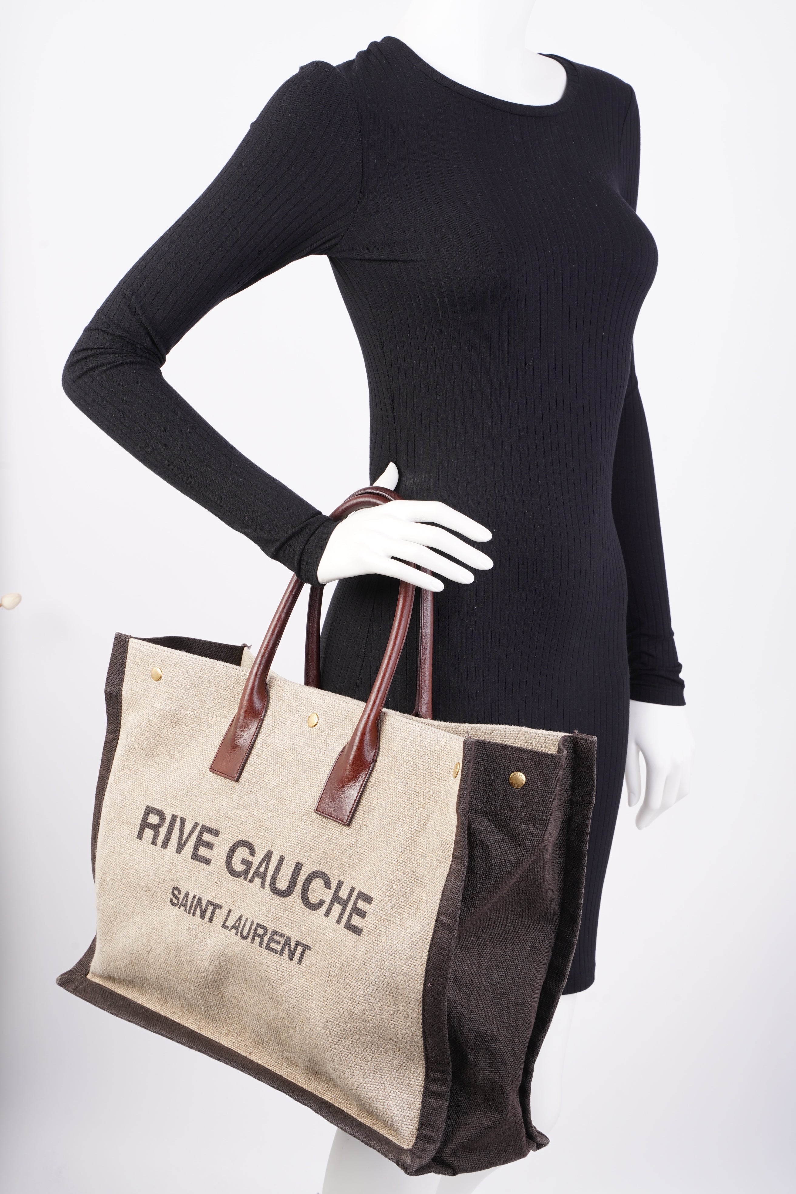 Saint Laurent Rive Gauche Tote Brown / Beige Cotton