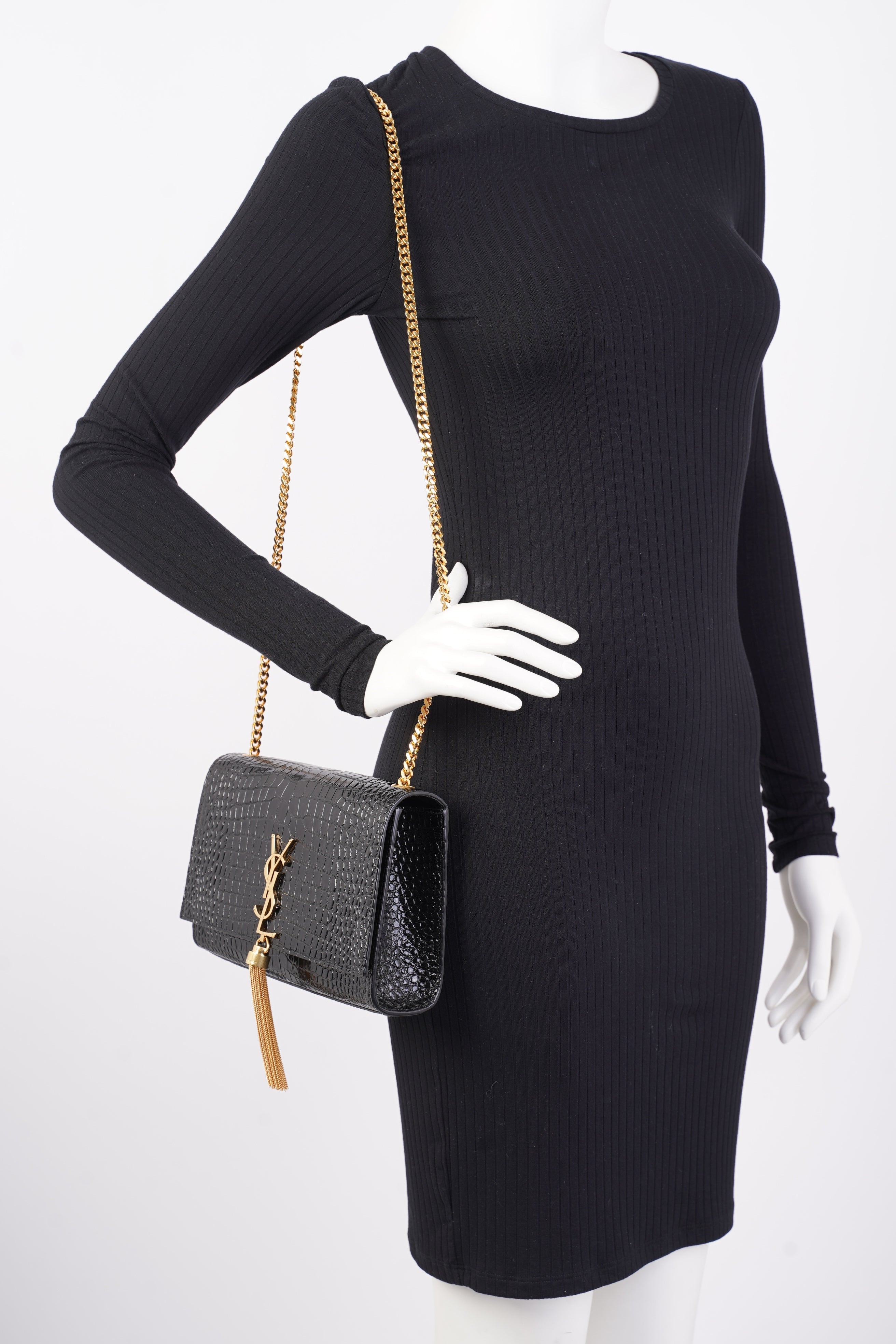 Saint Laurent Kate Tassel Bag Black Embossed Leather Medium