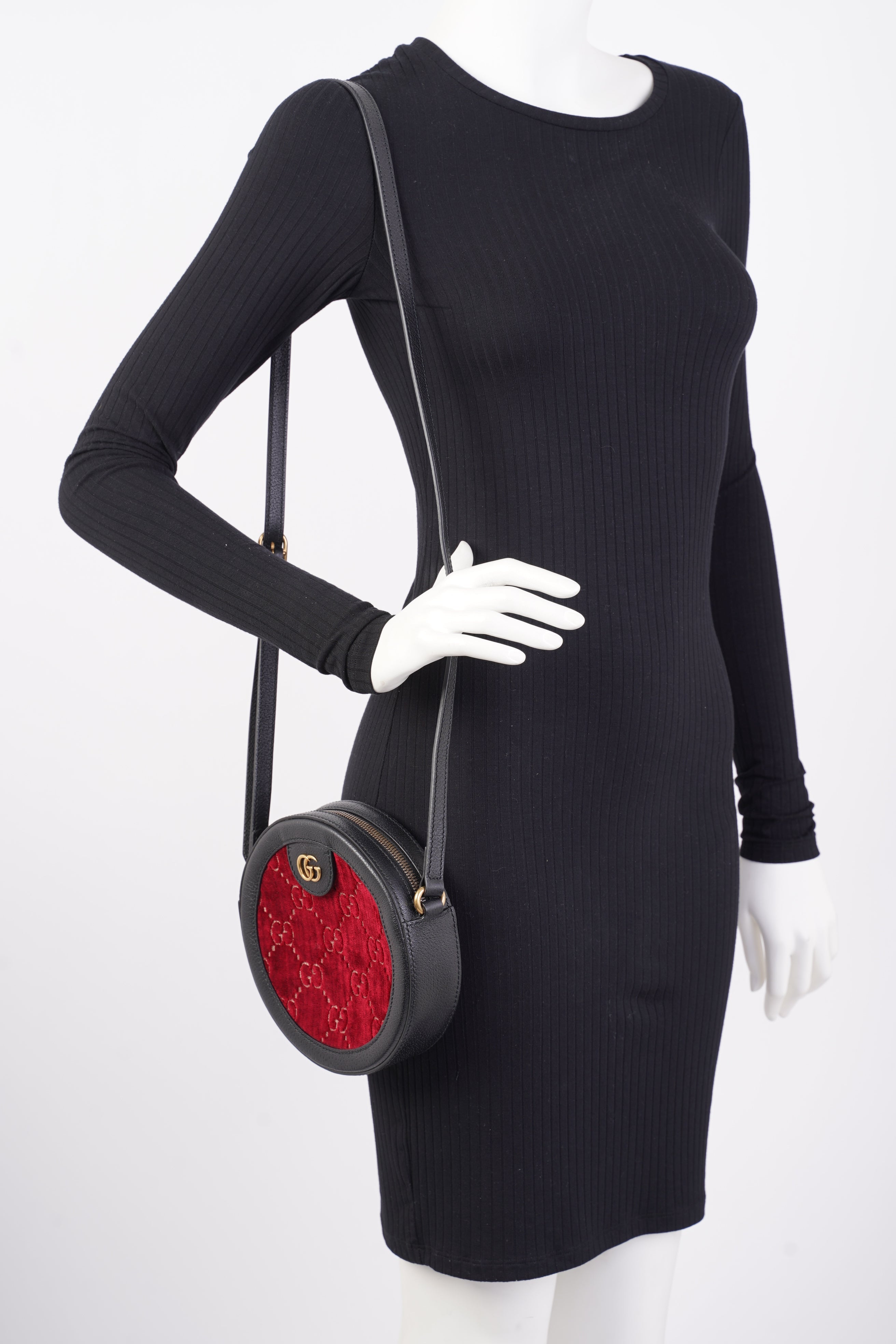 Gucci GG Round Shoulder Bag Black / Burgundy Velvet
