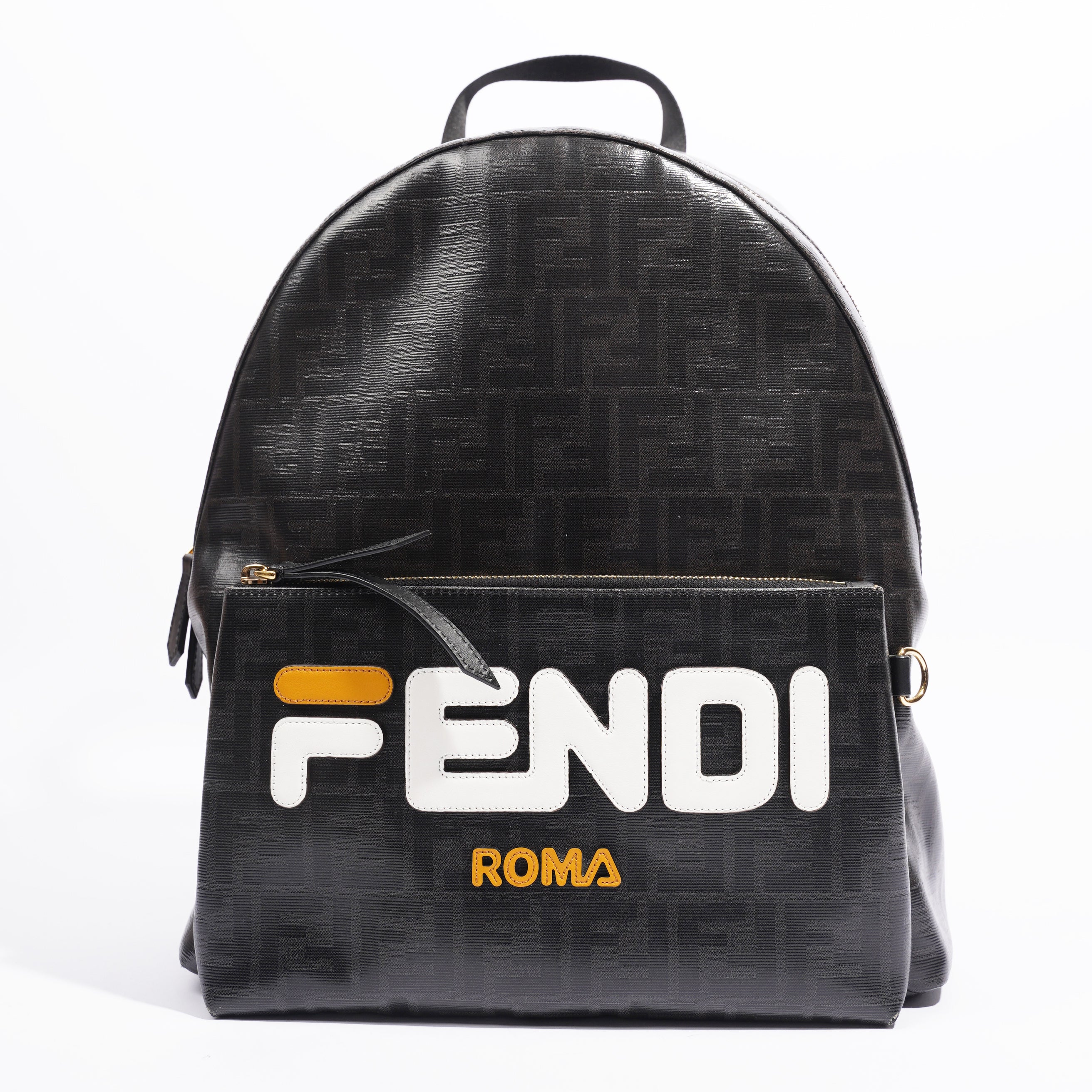 Fendi Fendimania Backpack Black / White / Orange Logo Coated Canvas