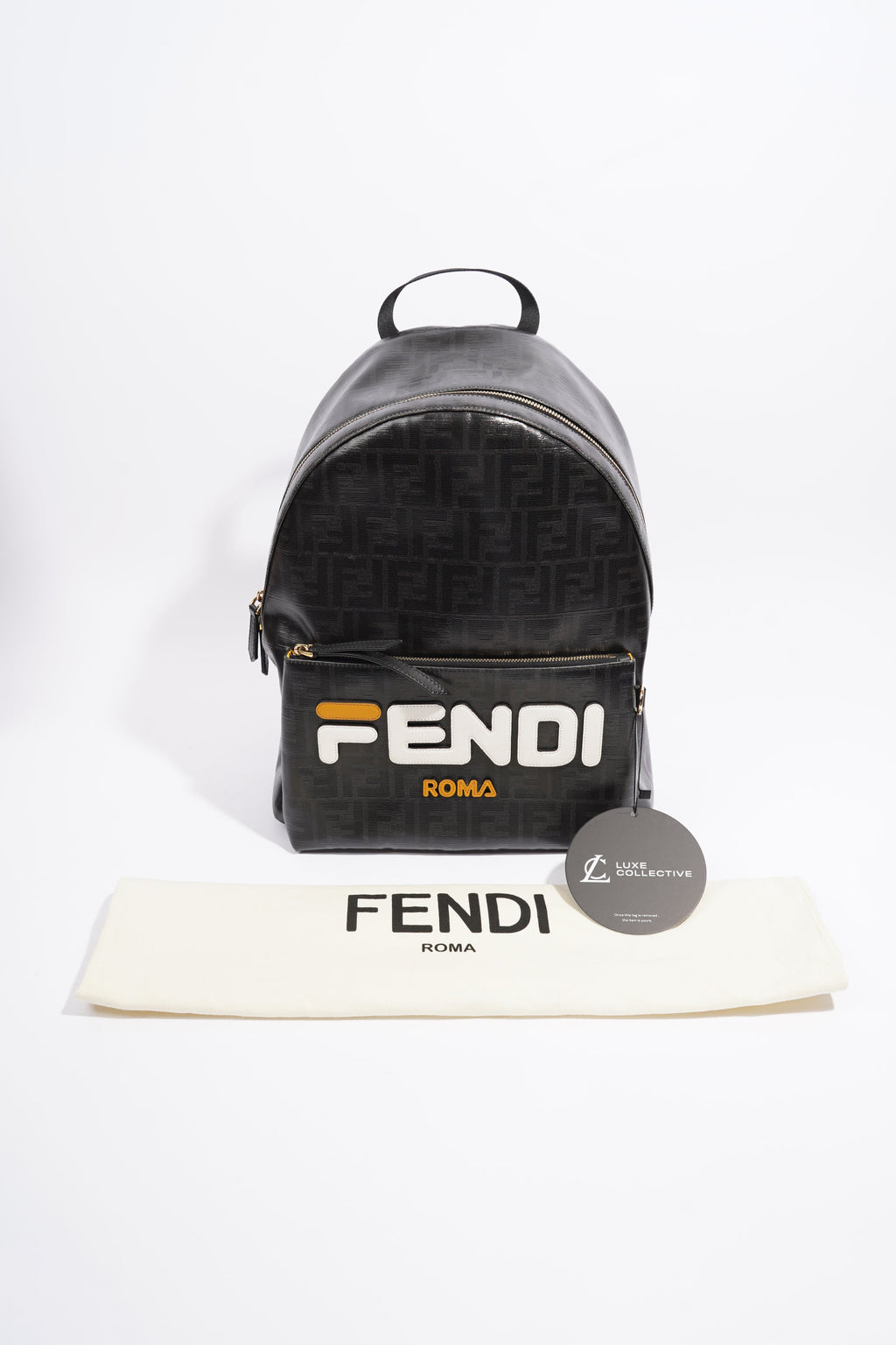 Fendi Fendimania Backpack Black / White / Orange Logo Coated Canvas