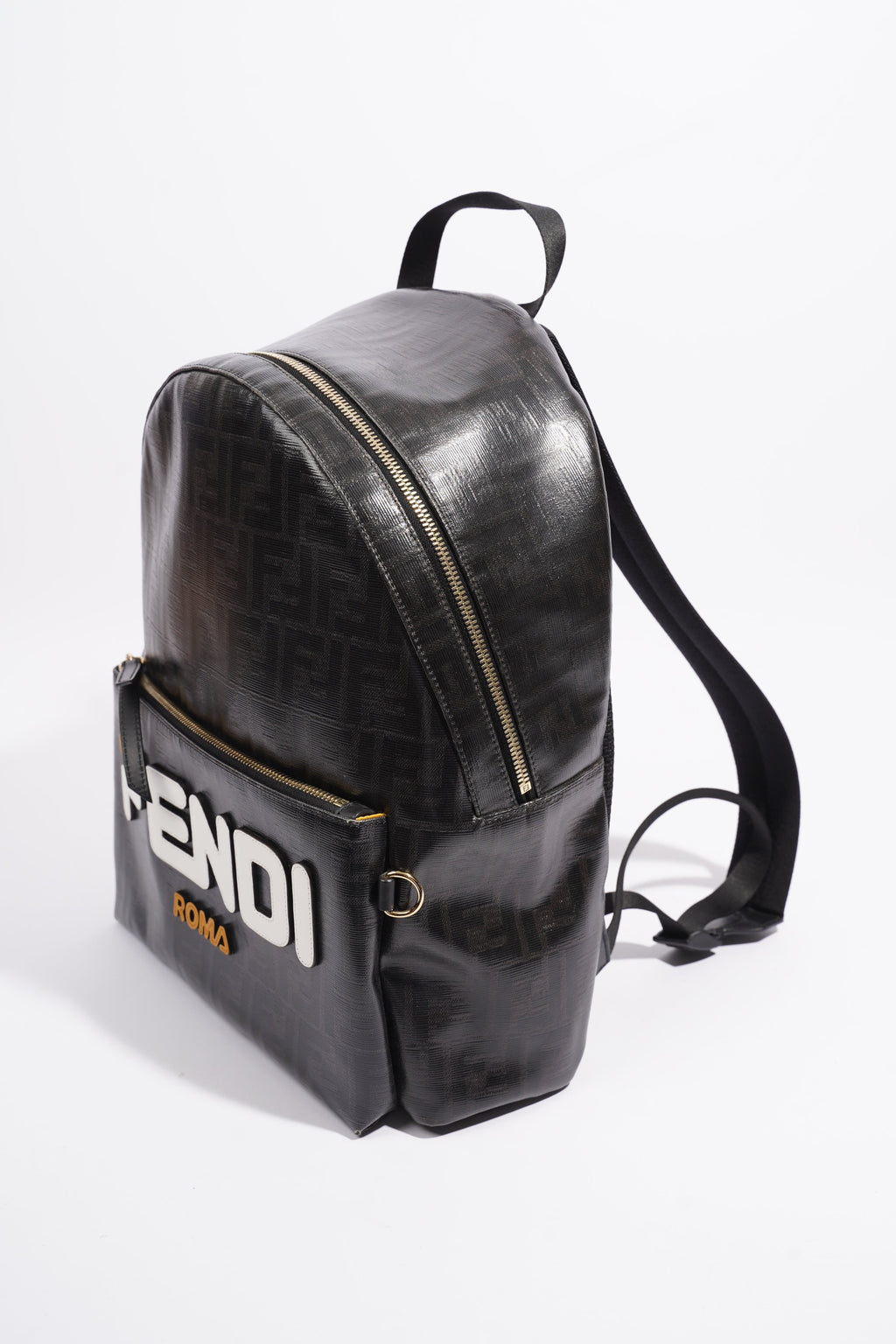 Fendi Fendimania Backpack Black / White / Orange Logo Coated Canvas