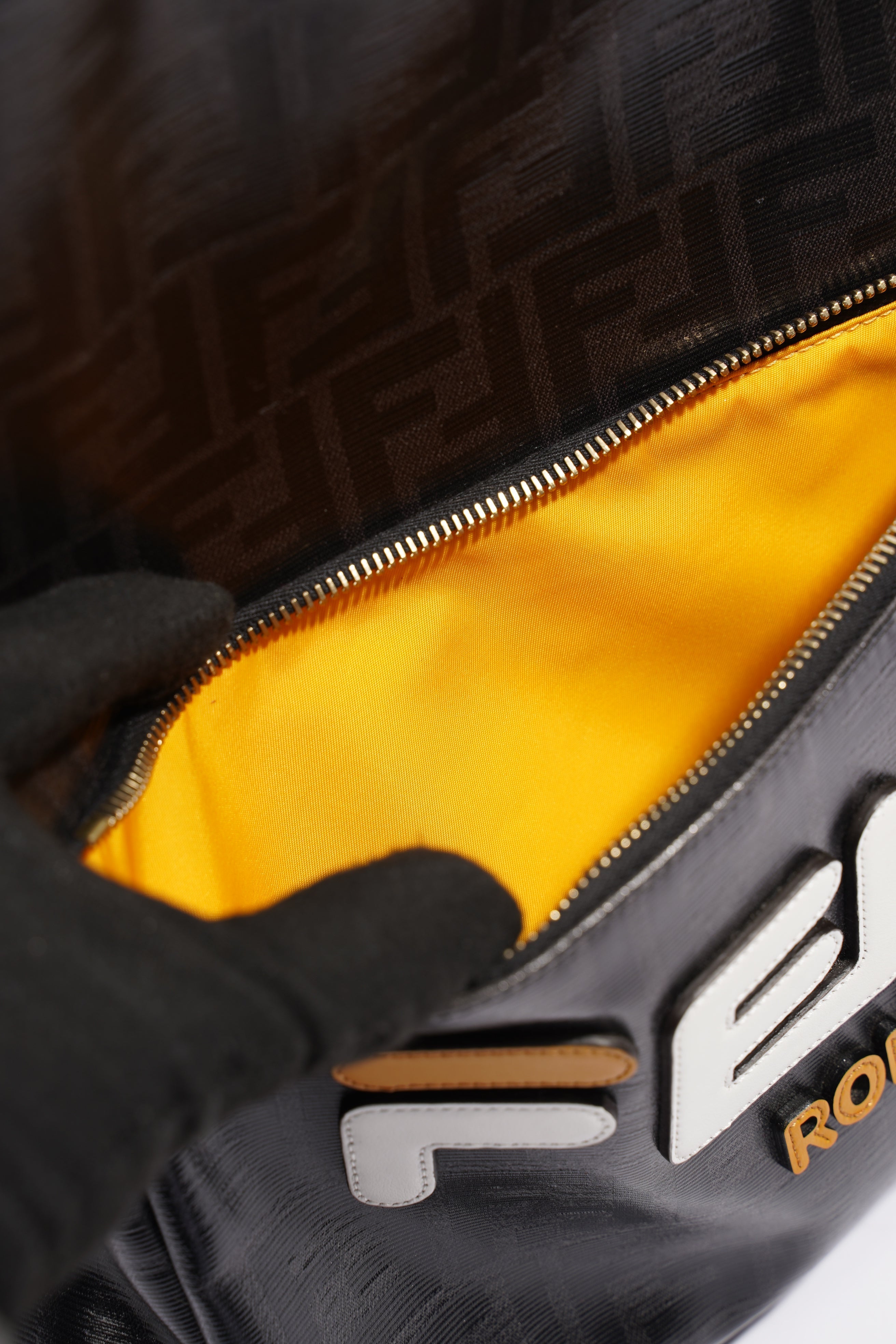 Fendi Fendimania Backpack Black / White / Orange Logo Coated Canvas
