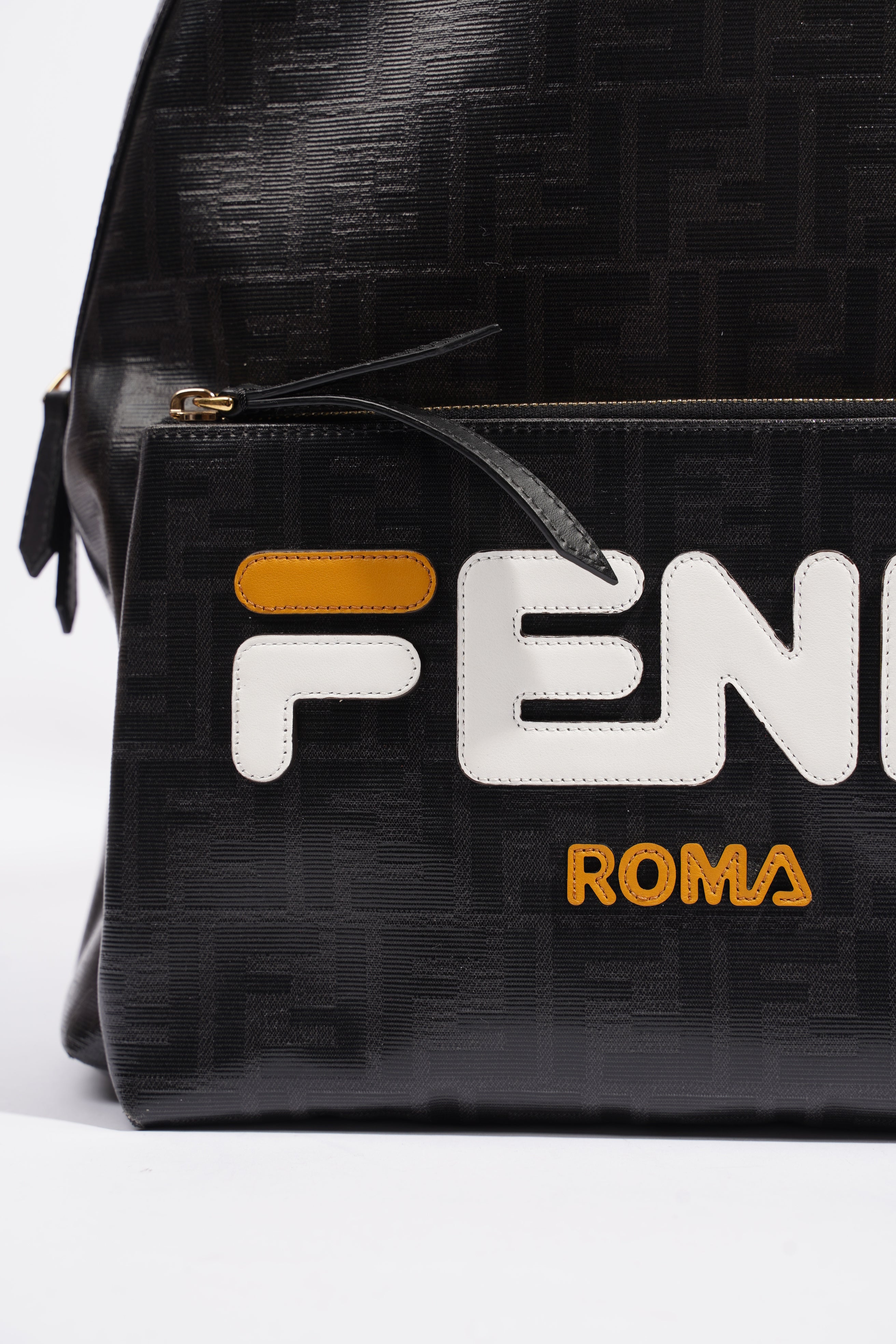 Fendi Fendimania Backpack Black / White / Orange Logo Coated Canvas