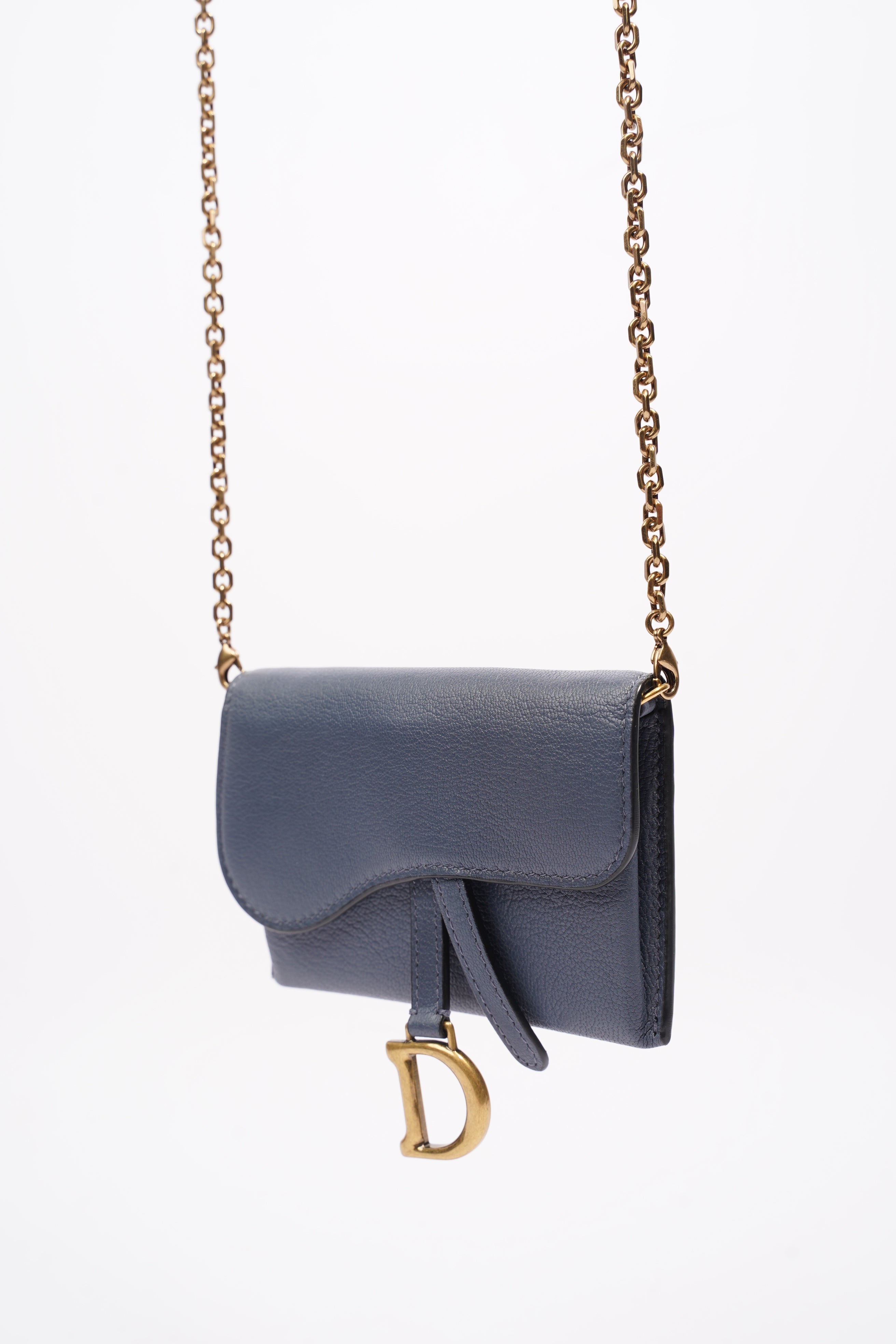 Christian Dior Saddle Micro With Chain Blue Leather