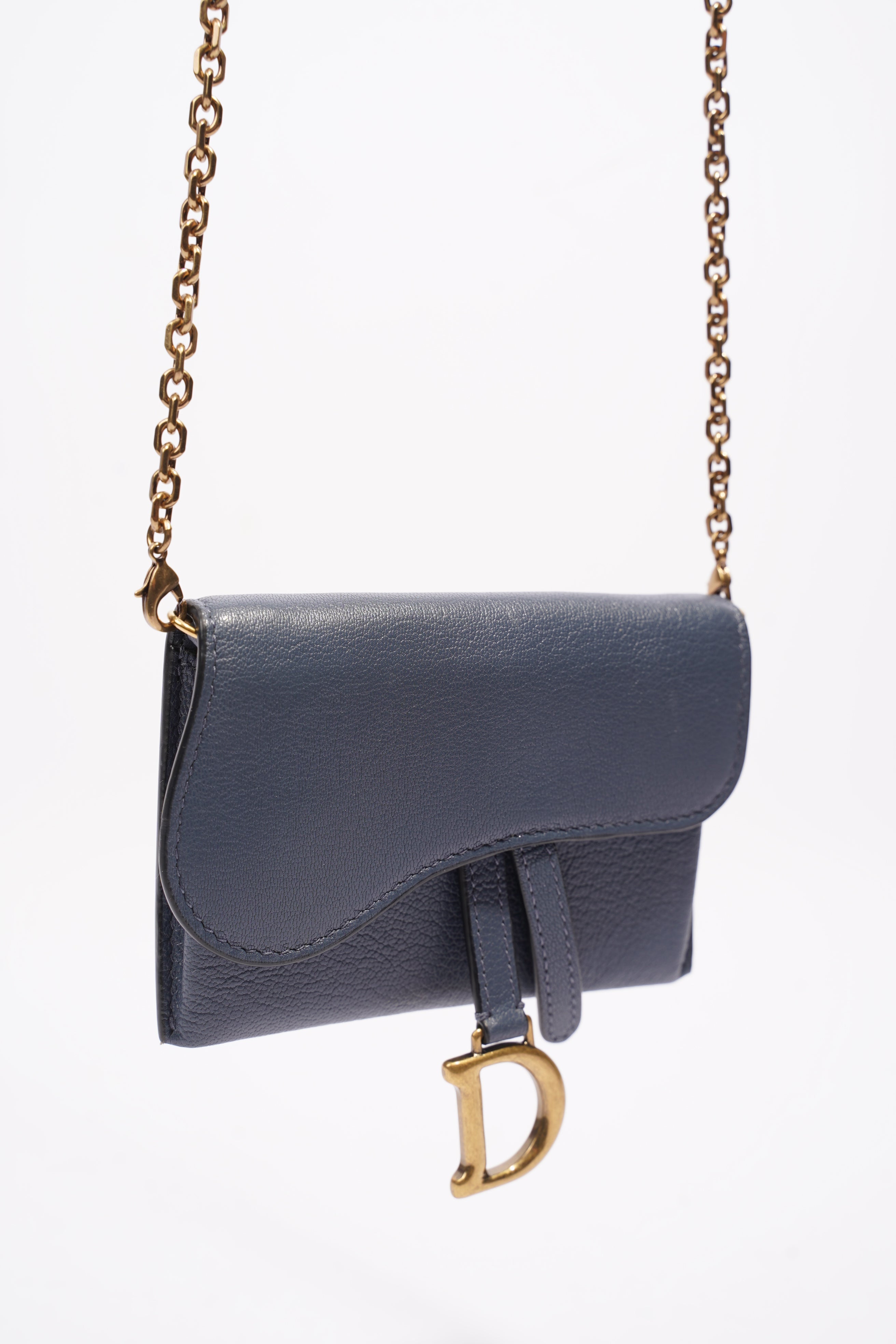 Christian Dior Saddle Micro With Chain Blue Leather