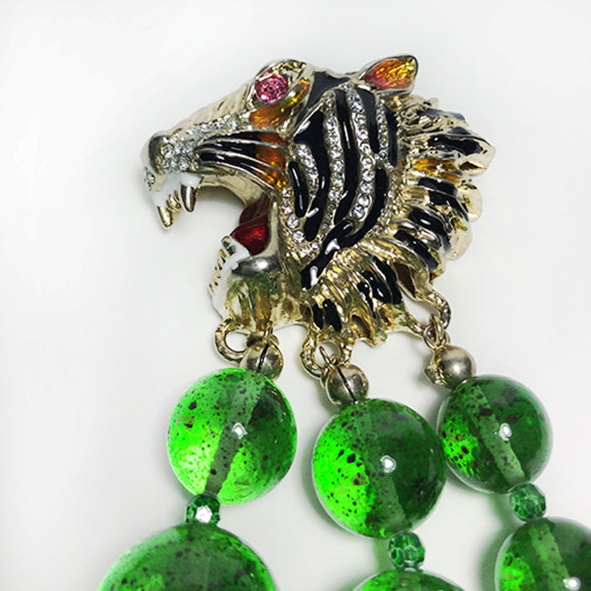 Gucci Multi-Strand Green Stone Necklace with Lion Head