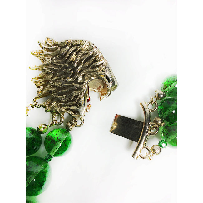 Gucci Multi-Strand Green Stone Necklace with Lion Head