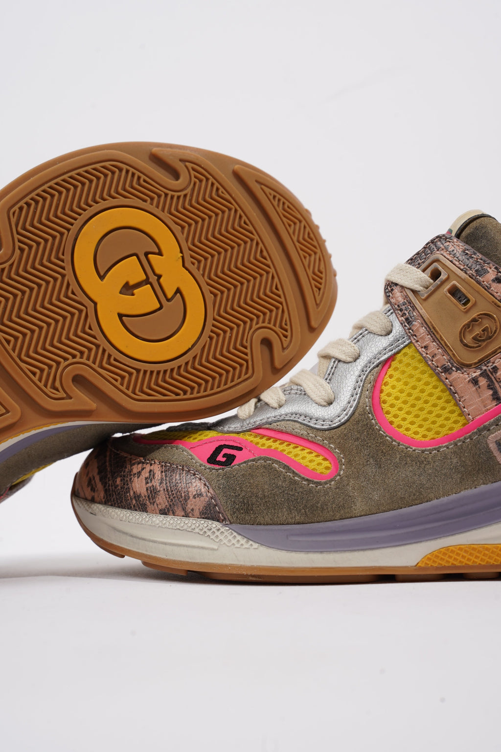 Gucci Ultrapace Sneaker Grey / Yellow / Pink Suede EU 37.5 / UK 4.5