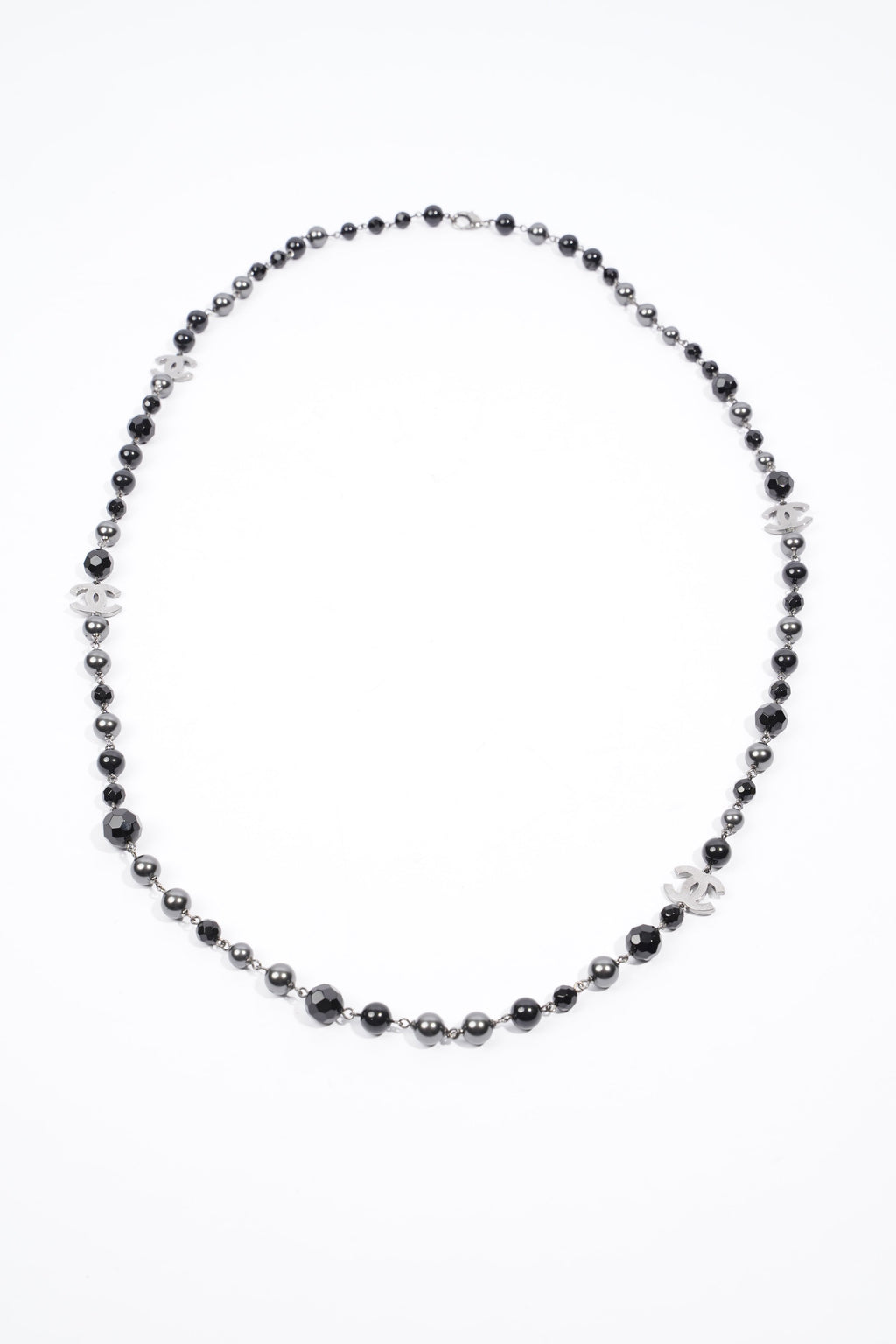 Chanel Long Faux Pearl & Resin CC Bead Necklace Black / Dark Silver Resin