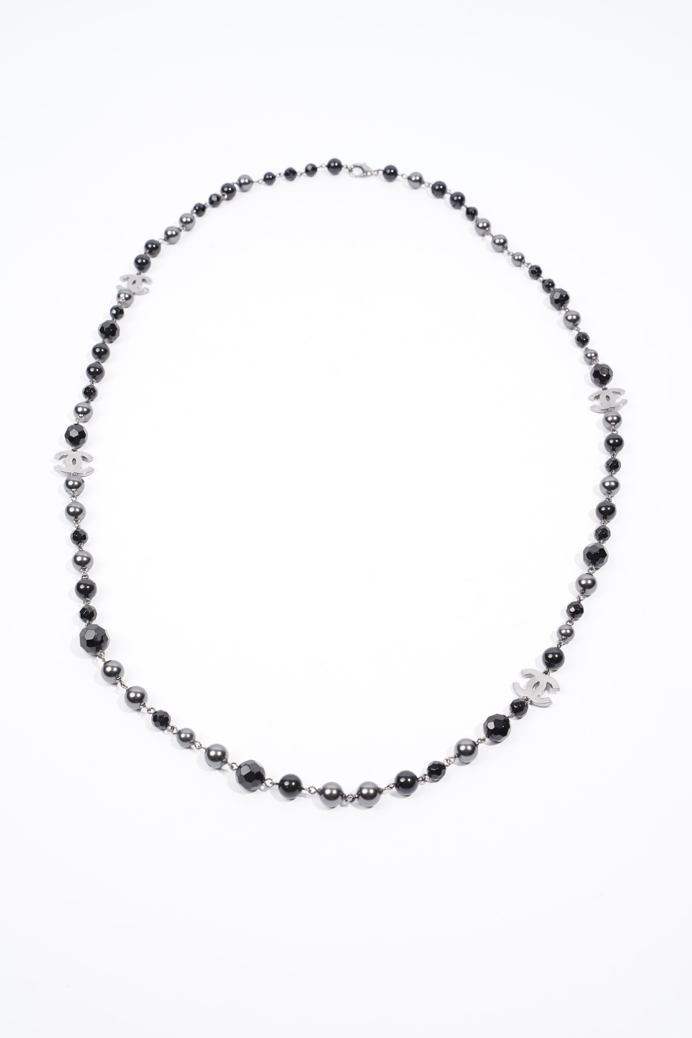 Chanel Long Faux Pearl & Resin CC Bead Necklace Black / Dark Silver Resin