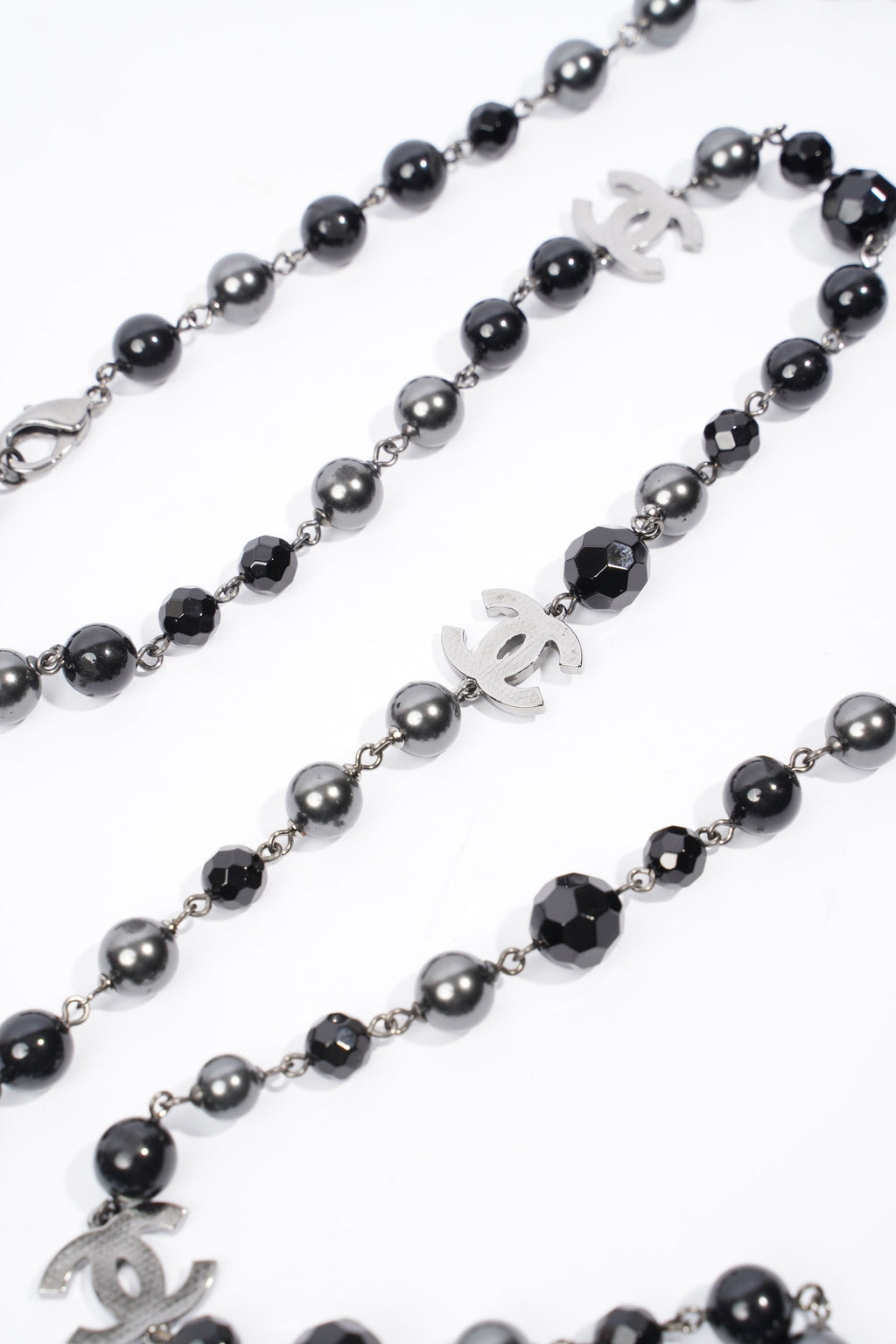 Chanel Long Faux Pearl & Resin CC Bead Necklace Black / Dark Silver Resin