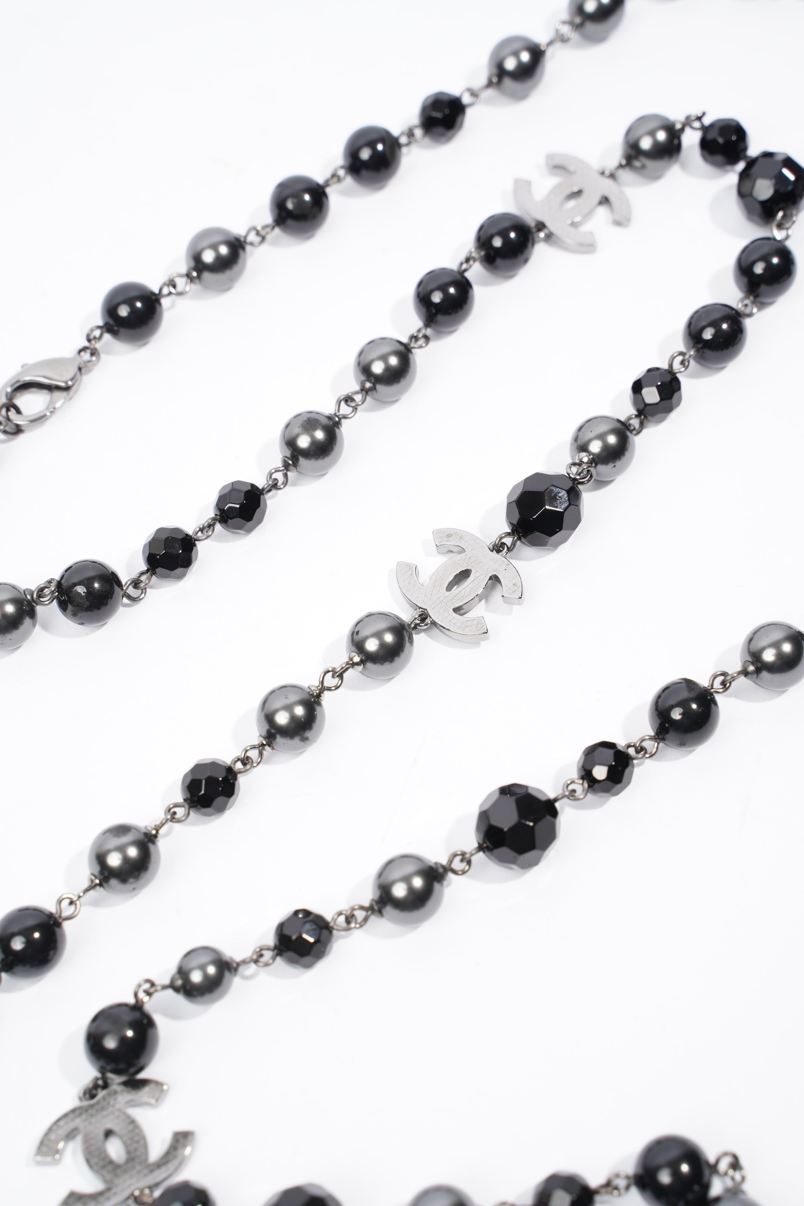 Chanel Long Faux Pearl & Resin CC Bead Necklace Black / Dark Silver Resin