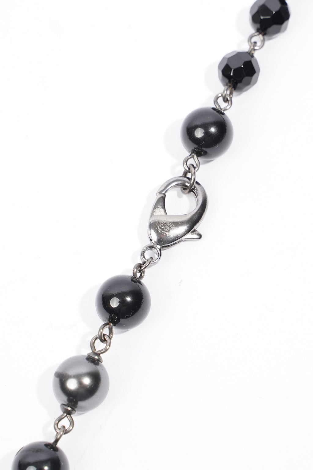 Chanel Long Faux Pearl & Resin CC Bead Necklace Black / Dark Silver Resin