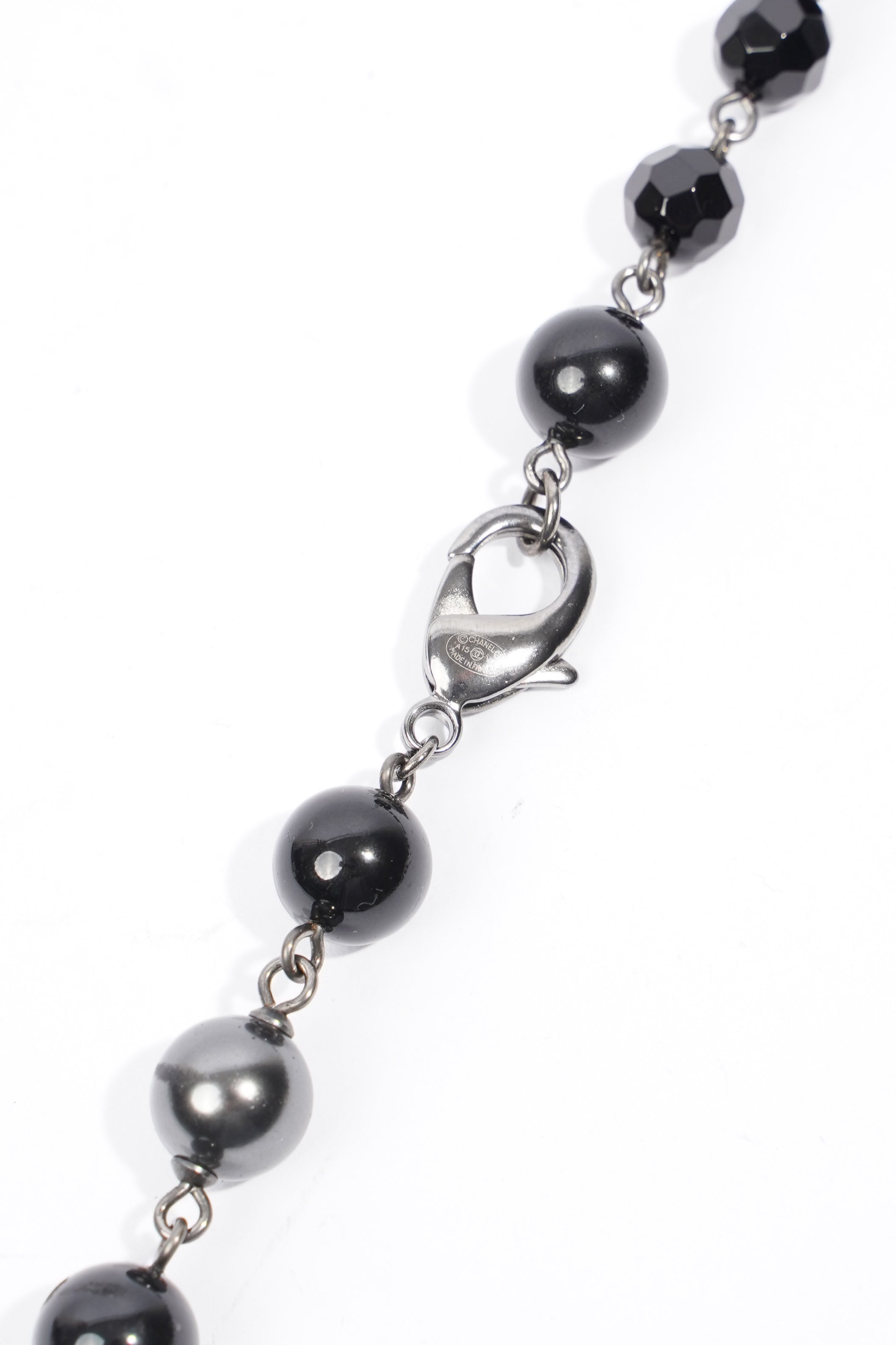 Chanel Long Faux Pearl & Resin CC Bead Necklace Black / Dark Silver Resin