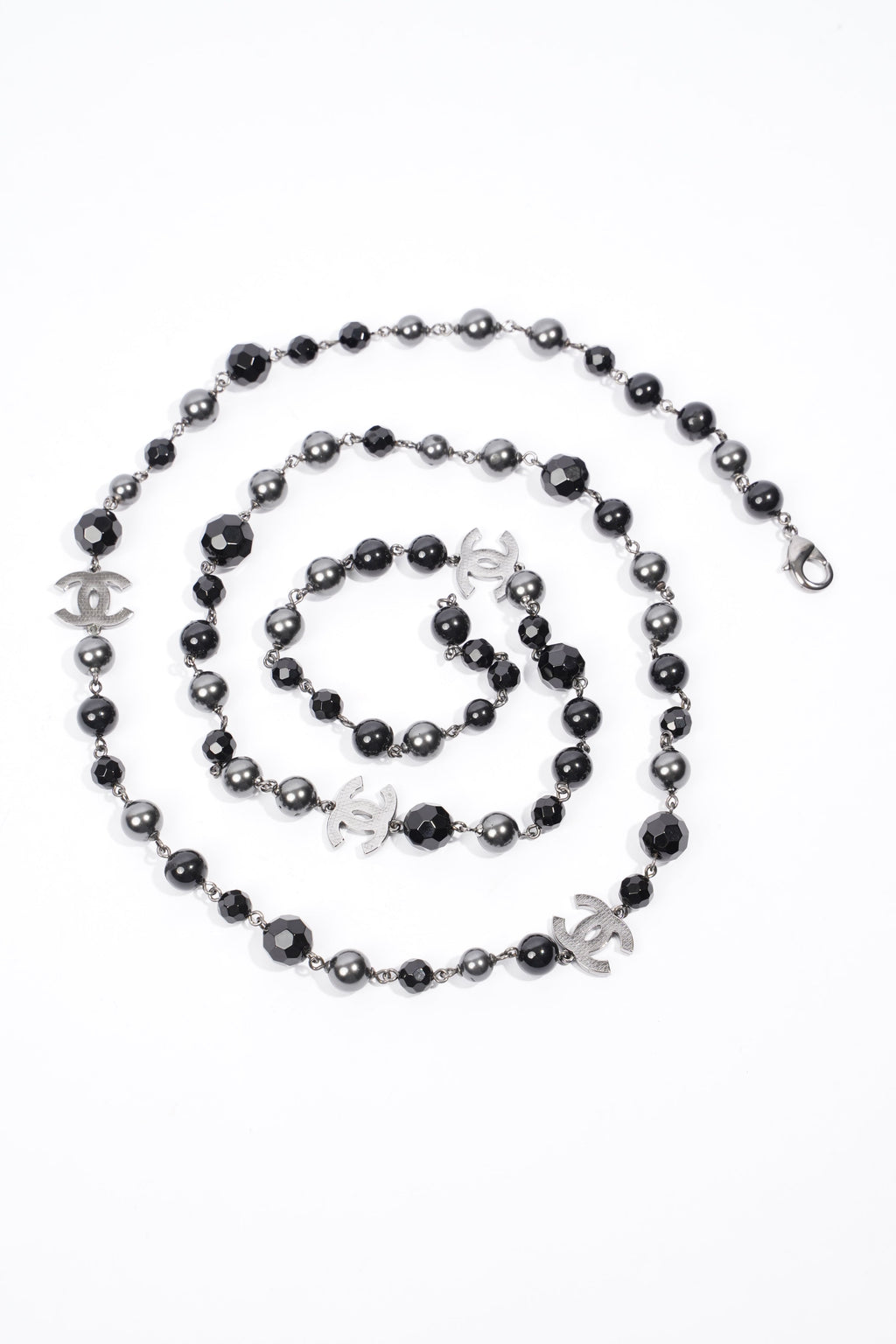 Chanel Long Faux Pearl & Resin CC Bead Necklace Black / Dark Silver Resin