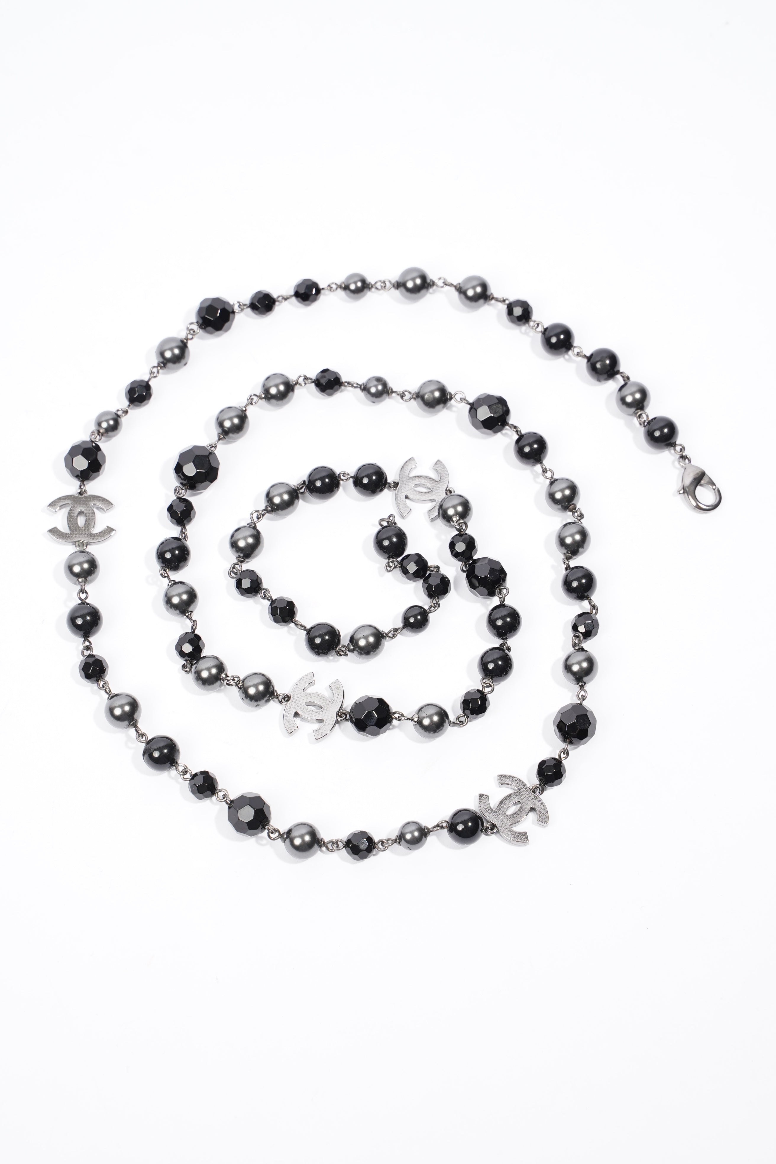 Chanel Long Faux Pearl & Resin CC Bead Necklace Black / Dark Silver Resin
