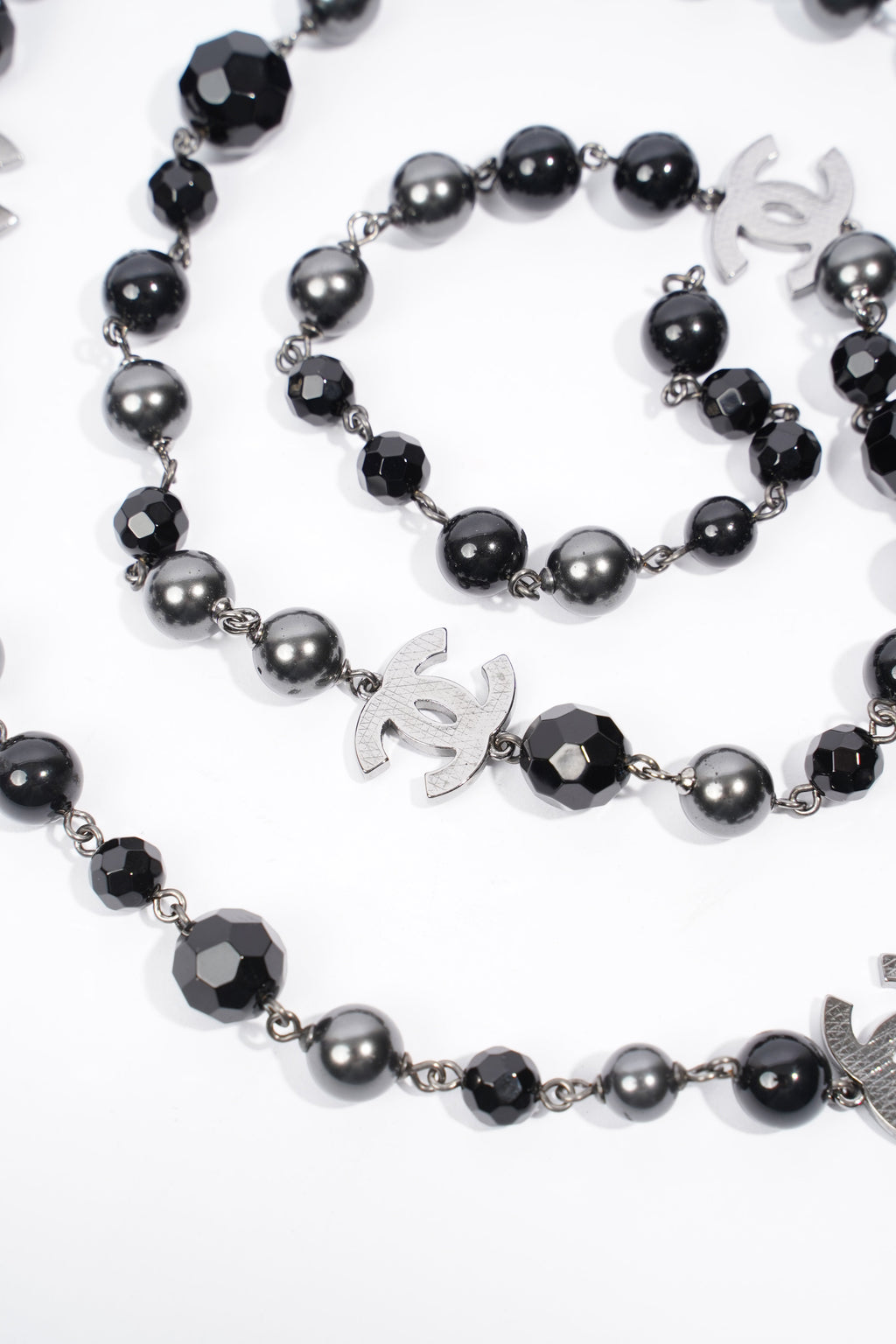 Chanel Long Faux Pearl & Resin CC Bead Necklace Black / Dark Silver Resin