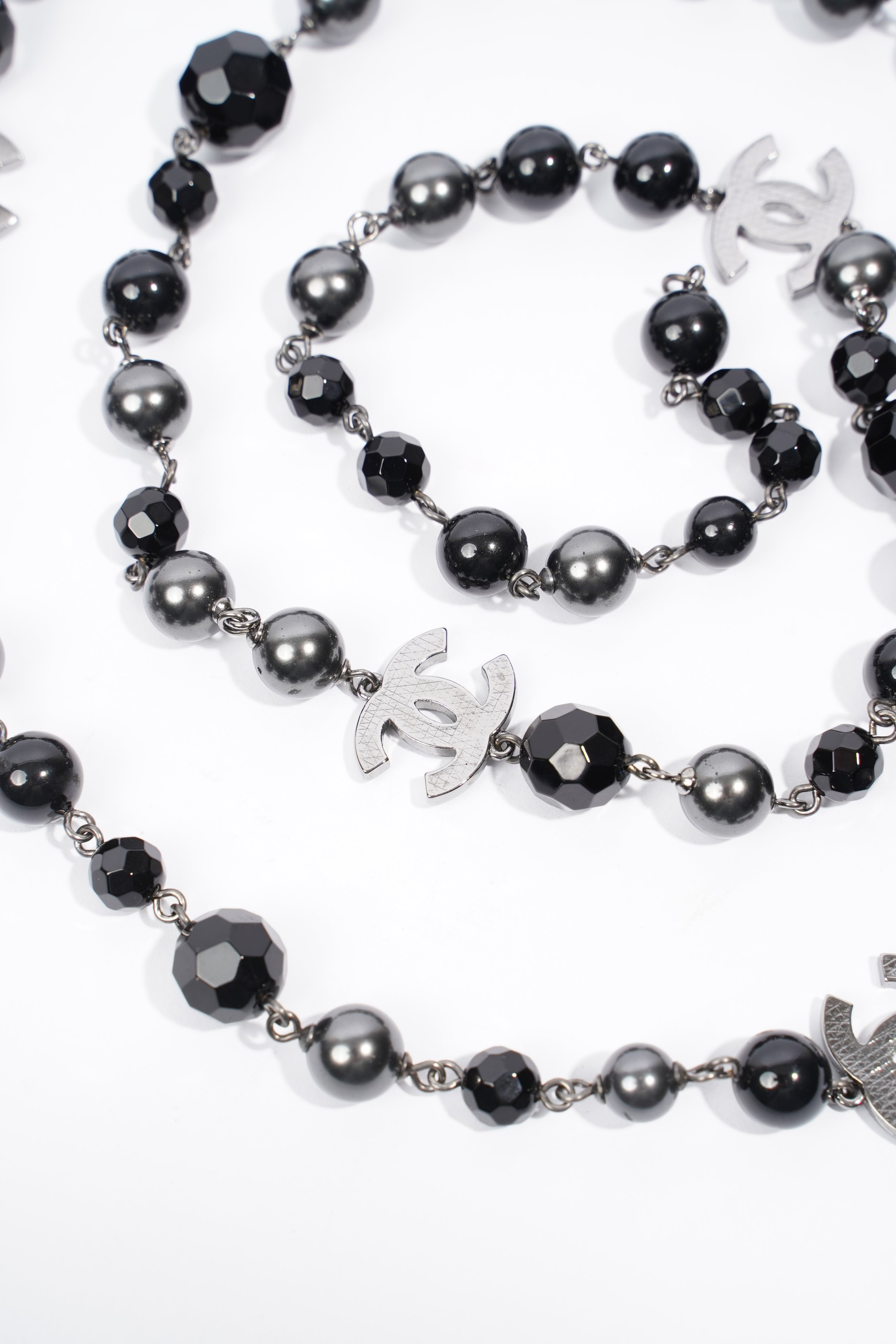 Chanel Long Faux Pearl & Resin CC Bead Necklace Black / Dark Silver Resin