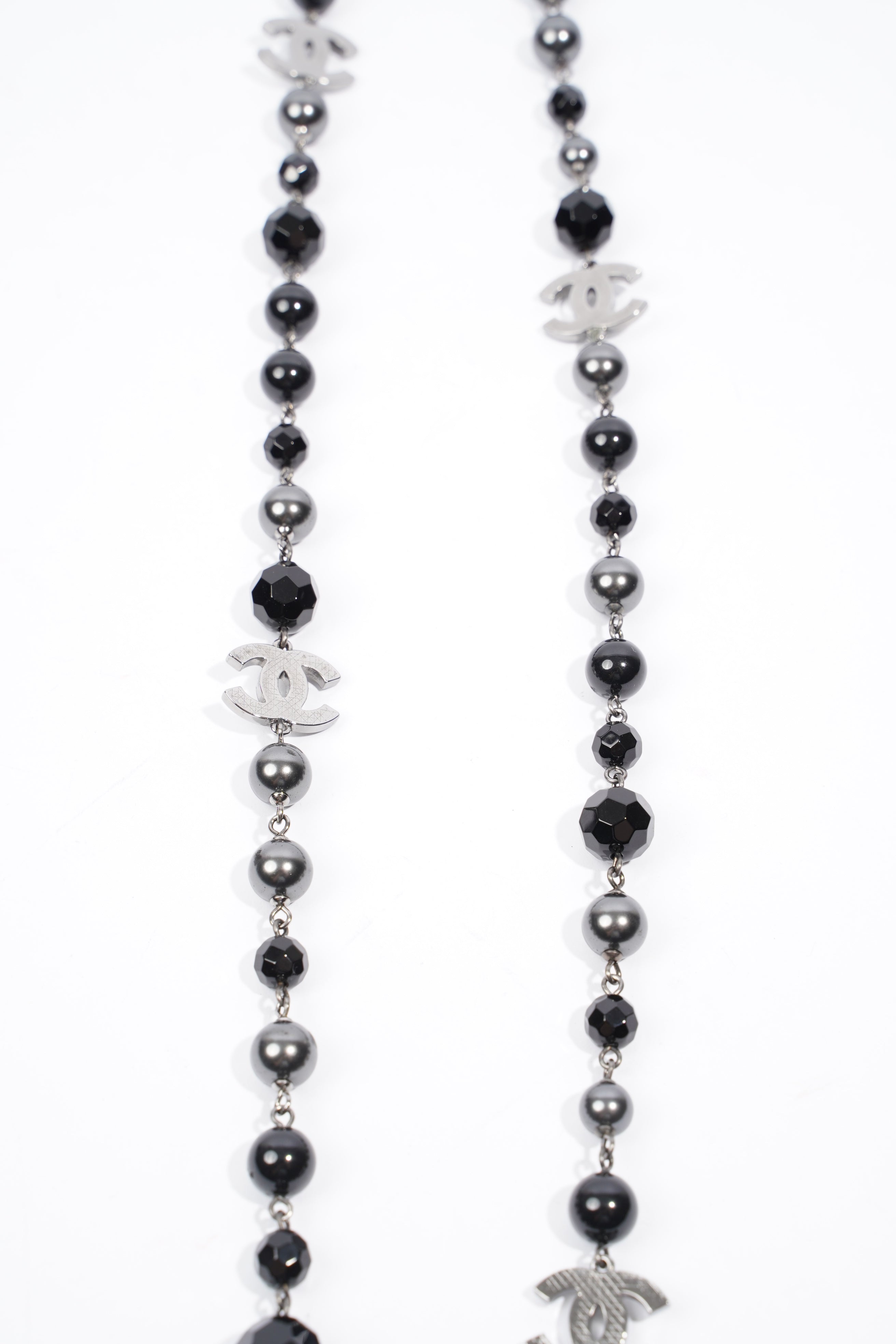 Chanel Long Faux Pearl & Resin CC Bead Necklace Black / Dark Silver Resin
