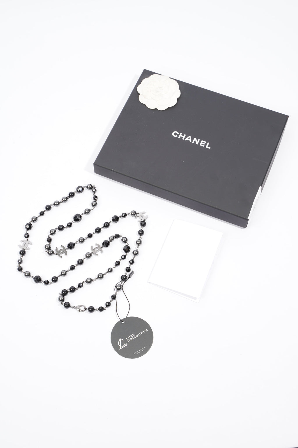 Chanel Long Faux Pearl & Resin CC Bead Necklace Black / Dark Silver Resin