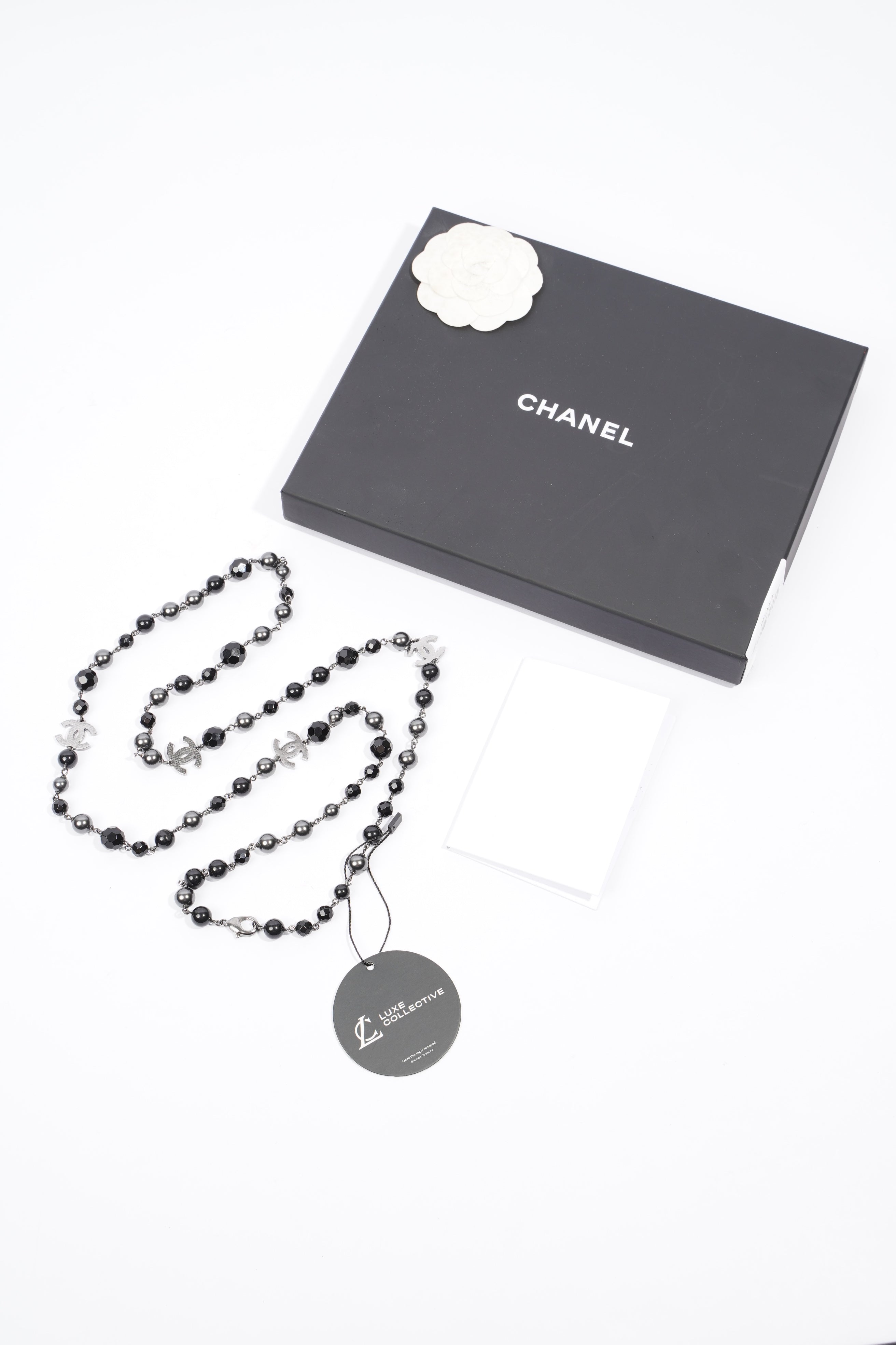 Chanel Long Faux Pearl & Resin CC Bead Necklace Black / Dark Silver Resin