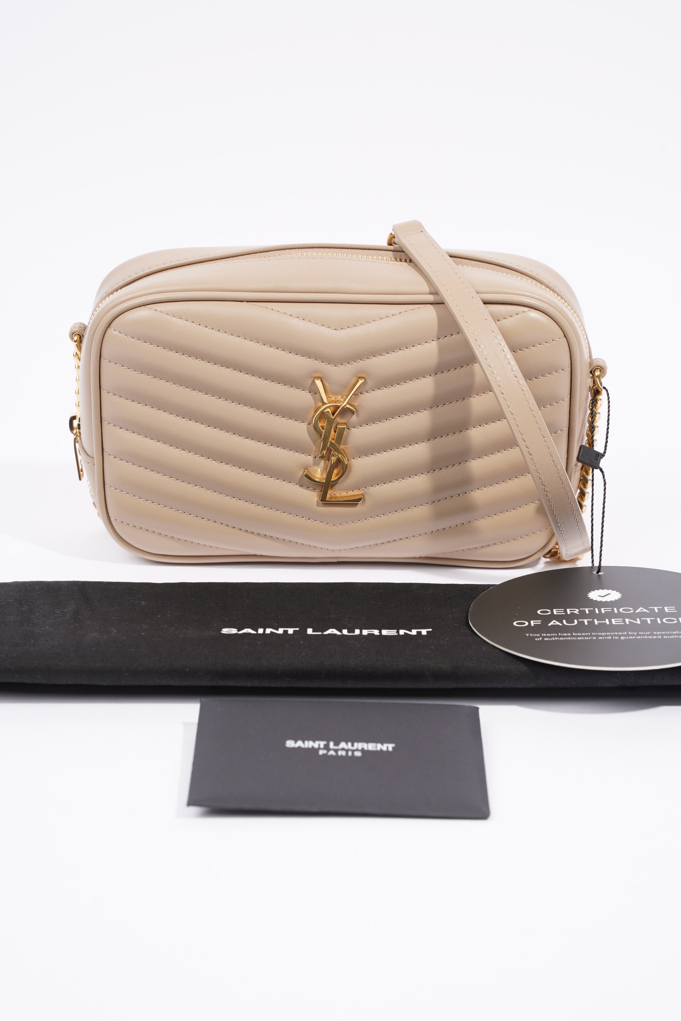 Saint Laurent Lou Quilted Camera Bag Dark Beige Matelasse Leather Mini