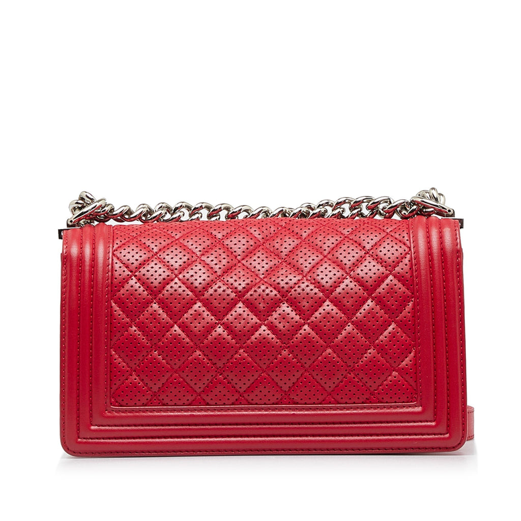 Chanel Boy Flap Bag Medium Red Perforated Lambskin Silver