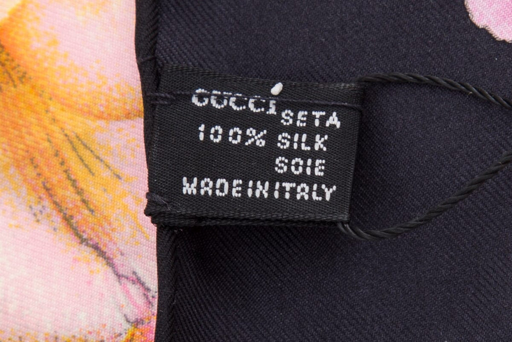 Gucci Rose Print Black Silk Scarf