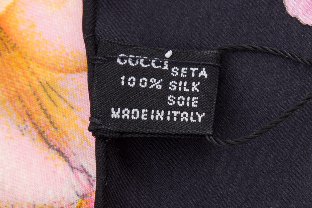 Gucci Rose Print Black Silk Scarf