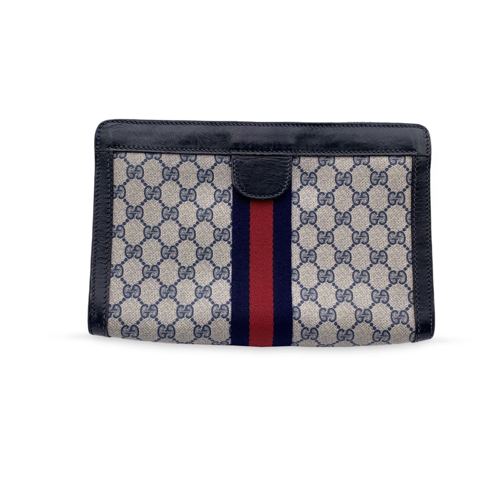 Gucci Vintage Blue Monogram Canvas Cosmetic Bag Clutch Stripes