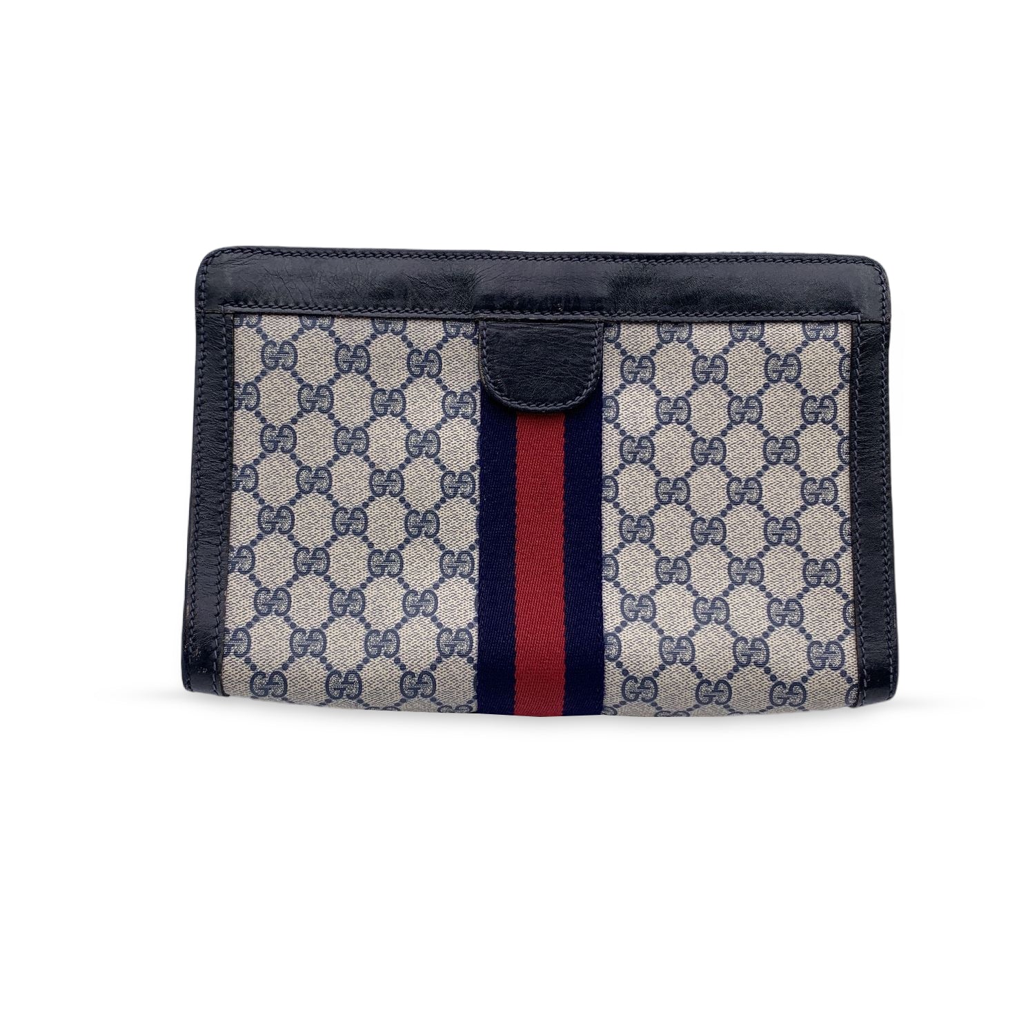 Gucci Vintage Blue Monogram Canvas Cosmetic Bag Clutch Stripes