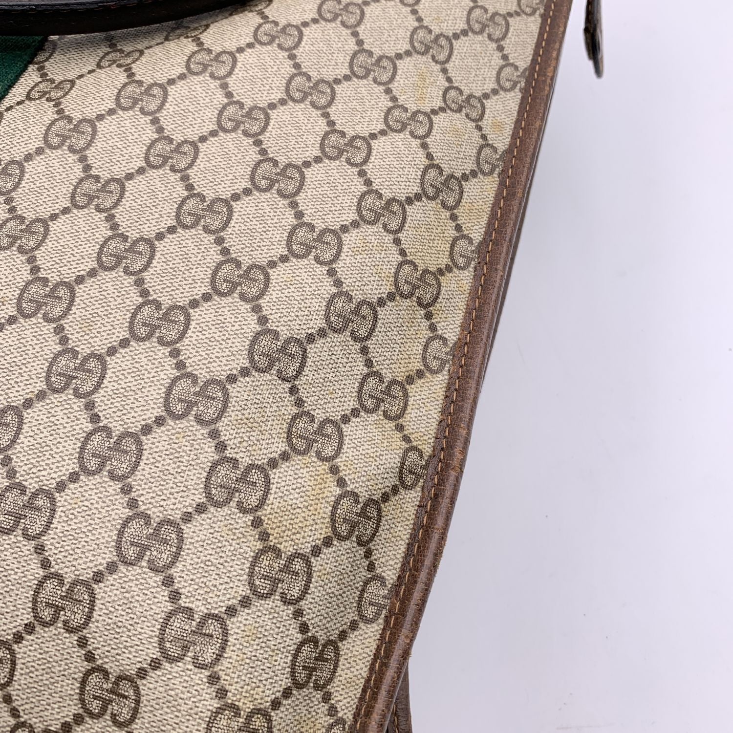 Gucci Vintage Brown Monogram Shopping Bag Tote with Stripes