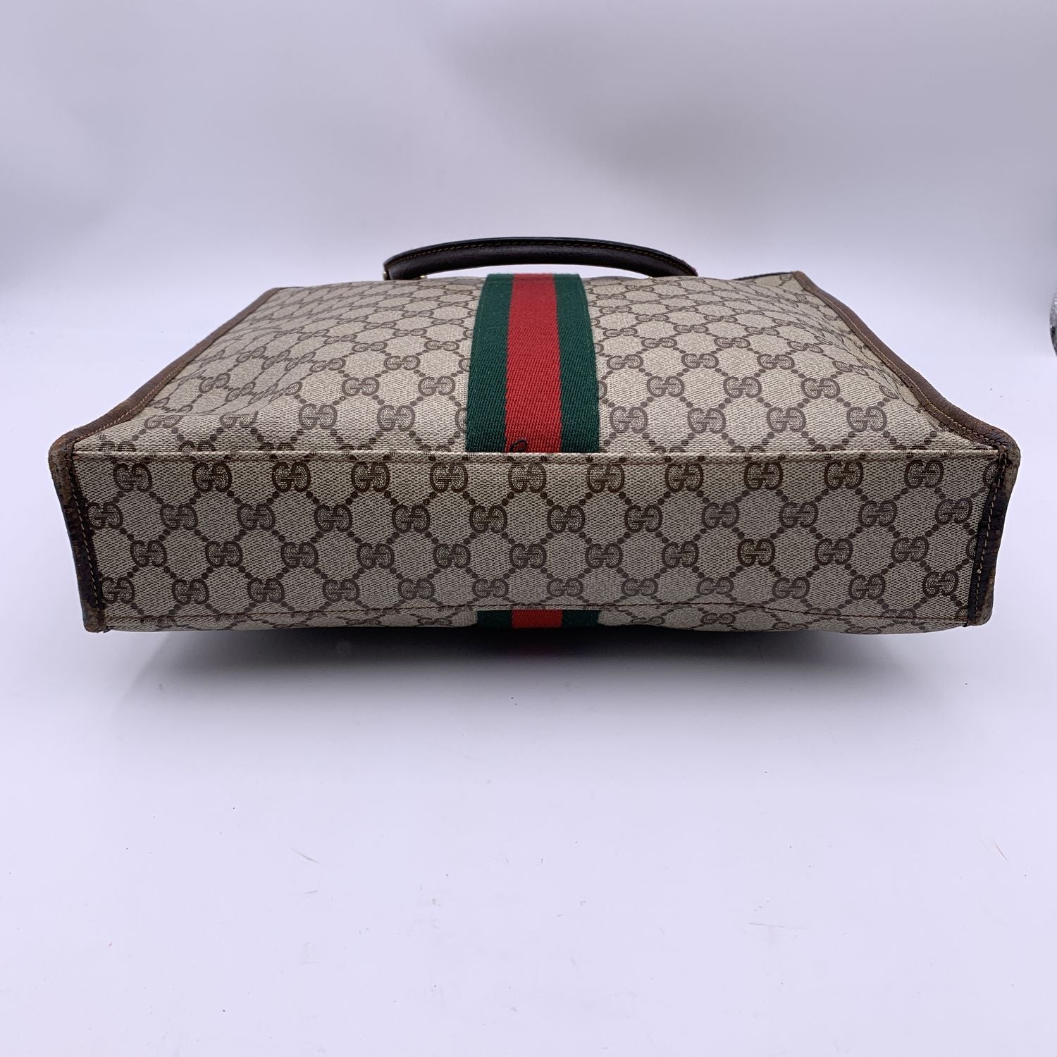 Gucci Vintage Brown Monogram Shopping Bag Tote with Stripes