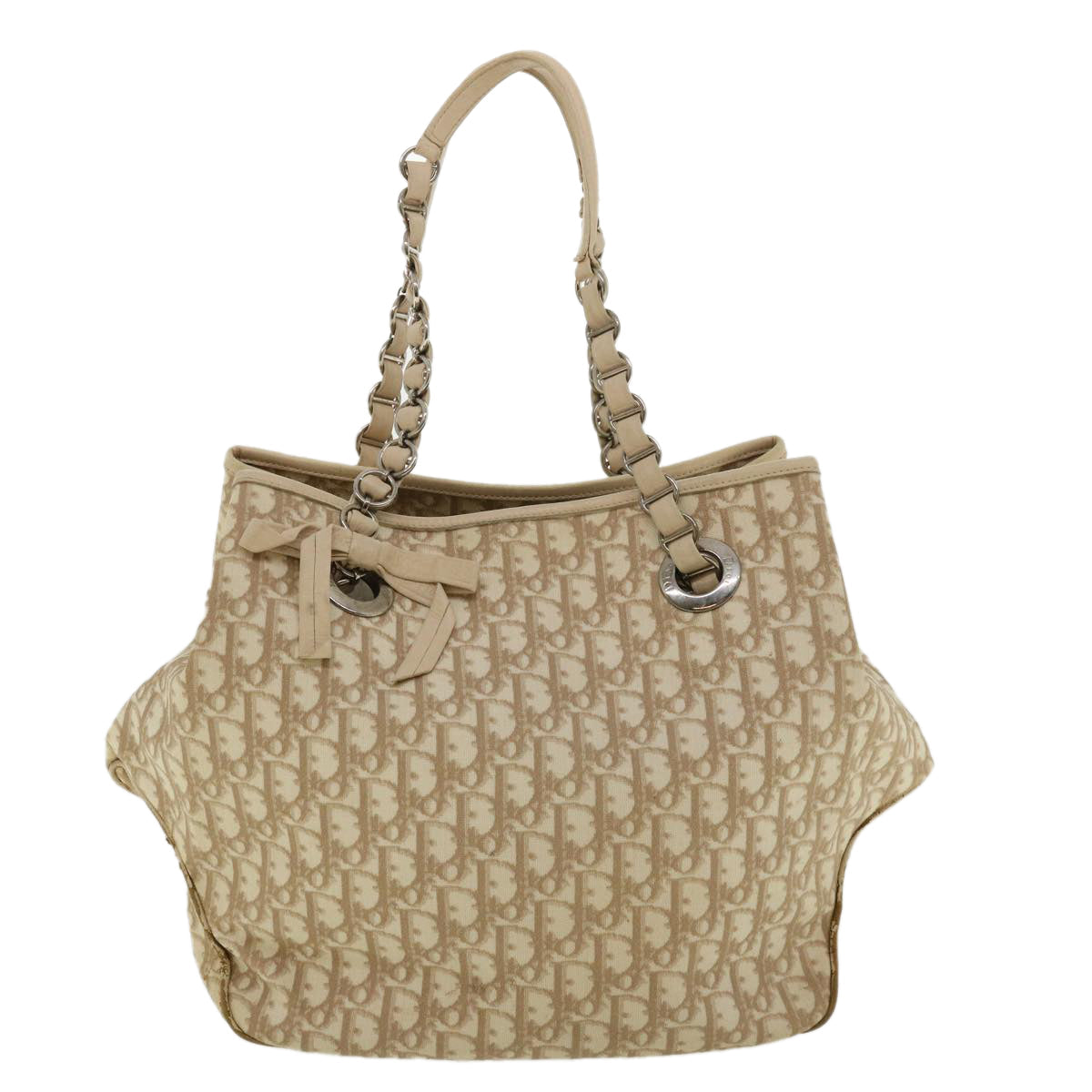 CHRISTIAN DIOR Trotter Canvas Chain Tote Bag PVC Leather Beige Auth am3502
