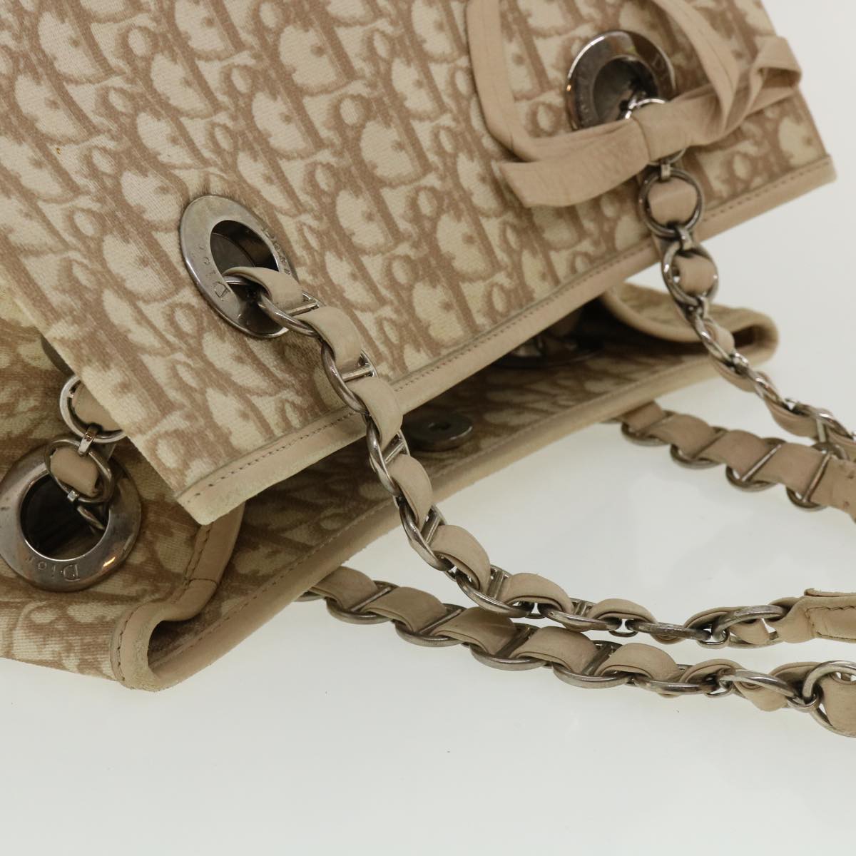 CHRISTIAN DIOR Trotter Canvas Chain Tote Bag PVC Leather Beige Auth am3502