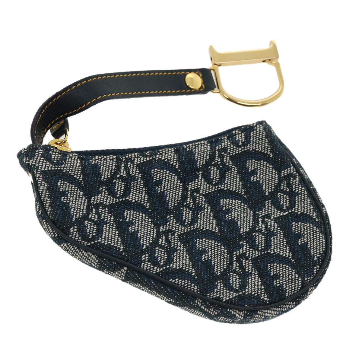 CHRISTIAN DIOR Trotter Canvas Saddle Coin Purse Navy Auth am3626
