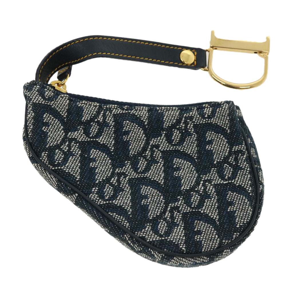 CHRISTIAN DIOR Trotter Canvas Saddle Coin Purse Navy Auth am3626