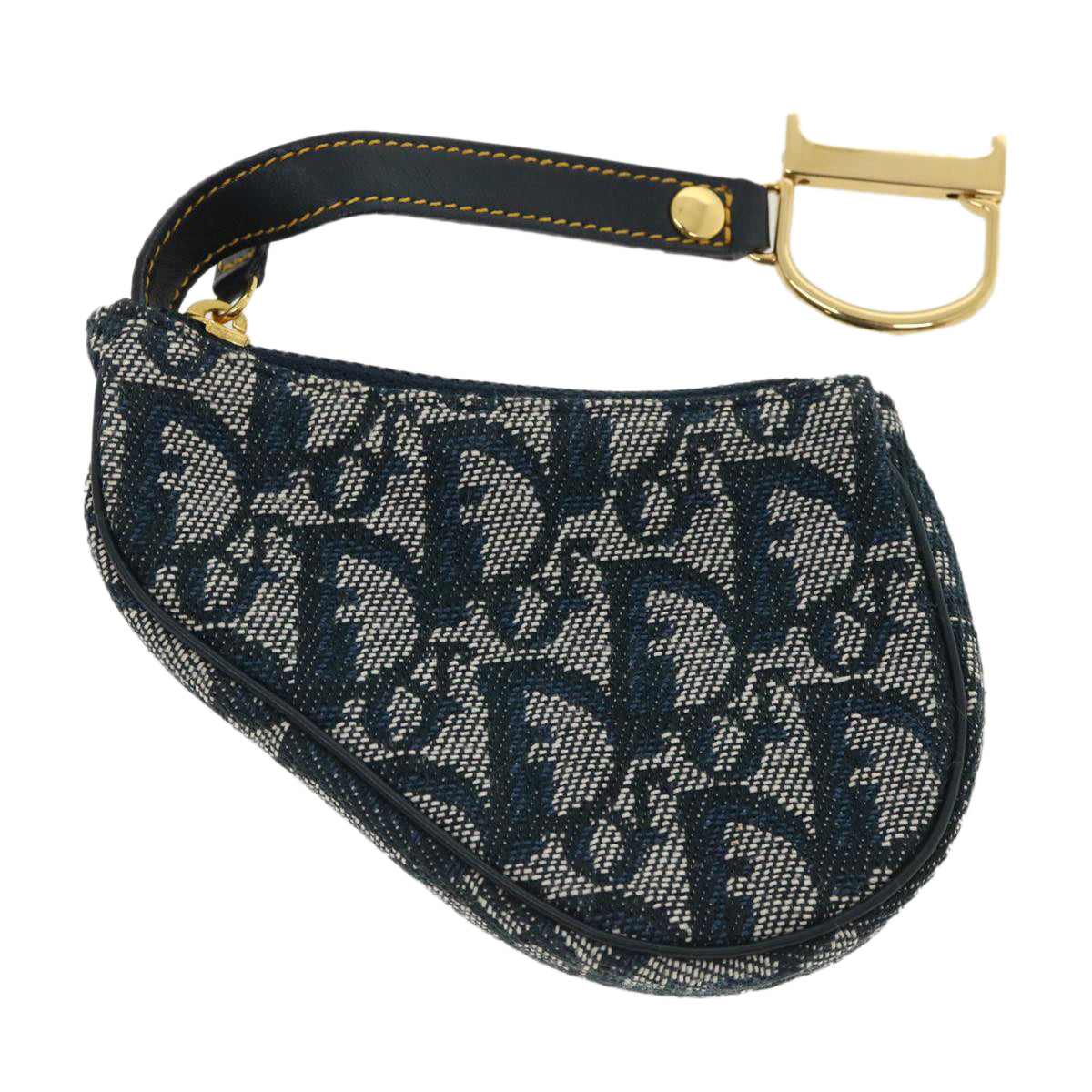 CHRISTIAN DIOR Trotter Canvas Saddle Coin Purse Navy Auth am3626