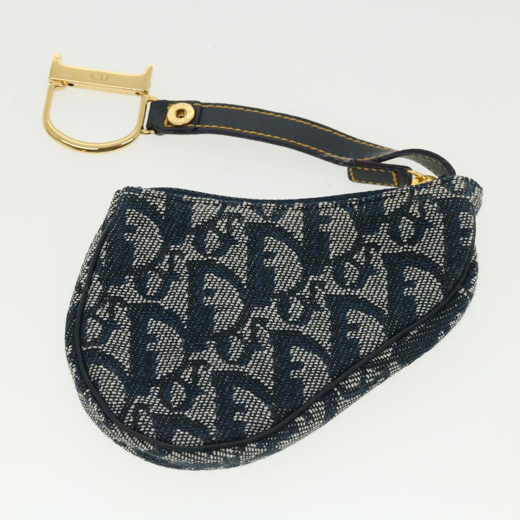 CHRISTIAN DIOR Trotter Canvas Saddle Coin Purse Navy Auth am3626