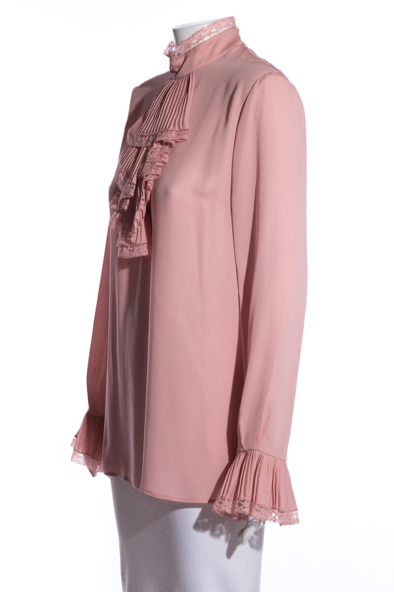 Gucci 2016 Ruffle Front Pink Silk Crepe Blouse SZ 44