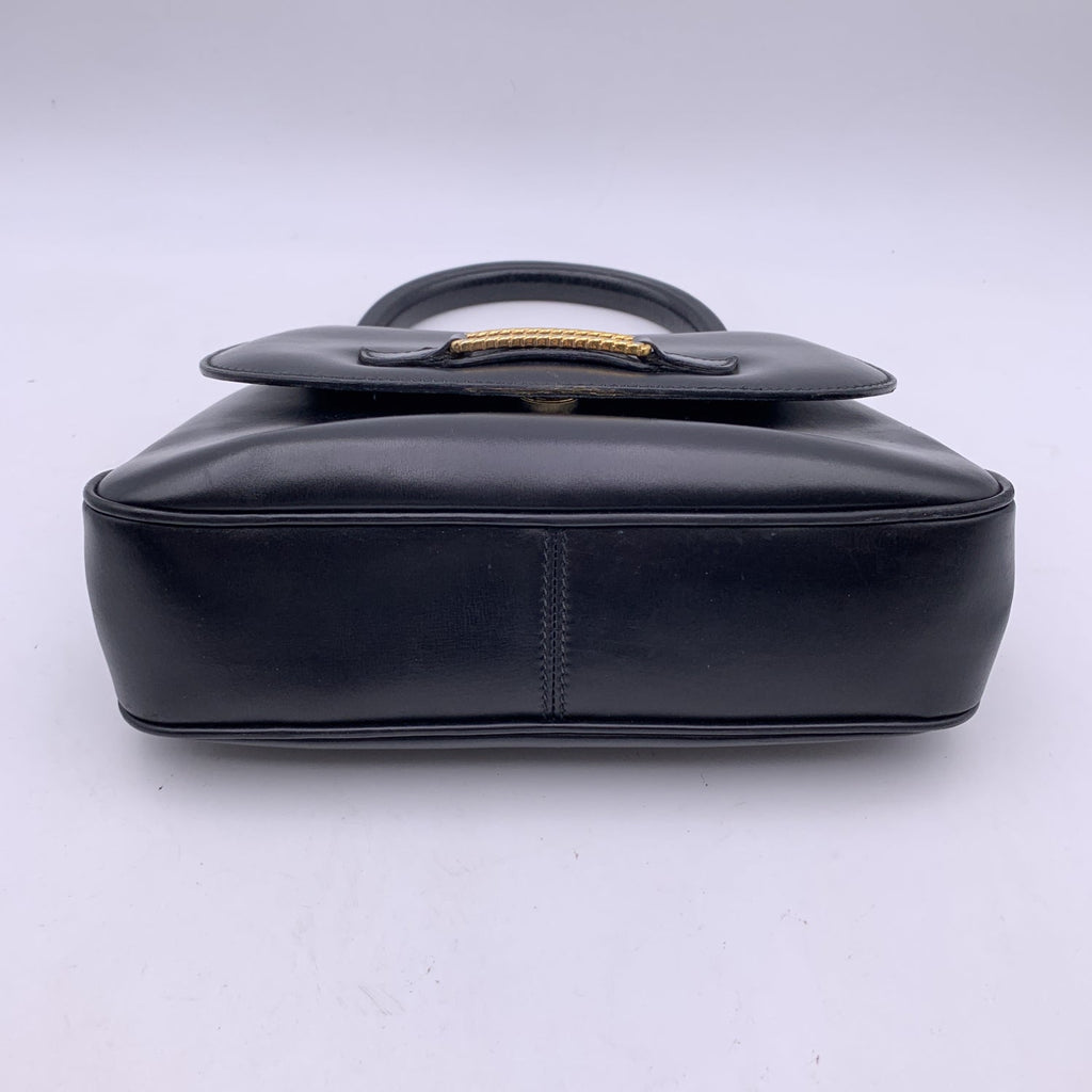 Gucci Vintage Black Leather Flap Handbag Top Handle Bag