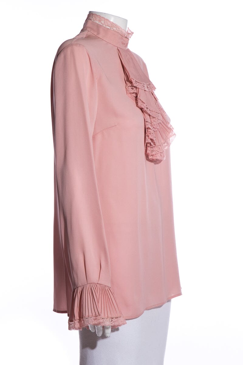 Gucci 2016 Ruffle Front Pink Silk Crepe Blouse SZ 44