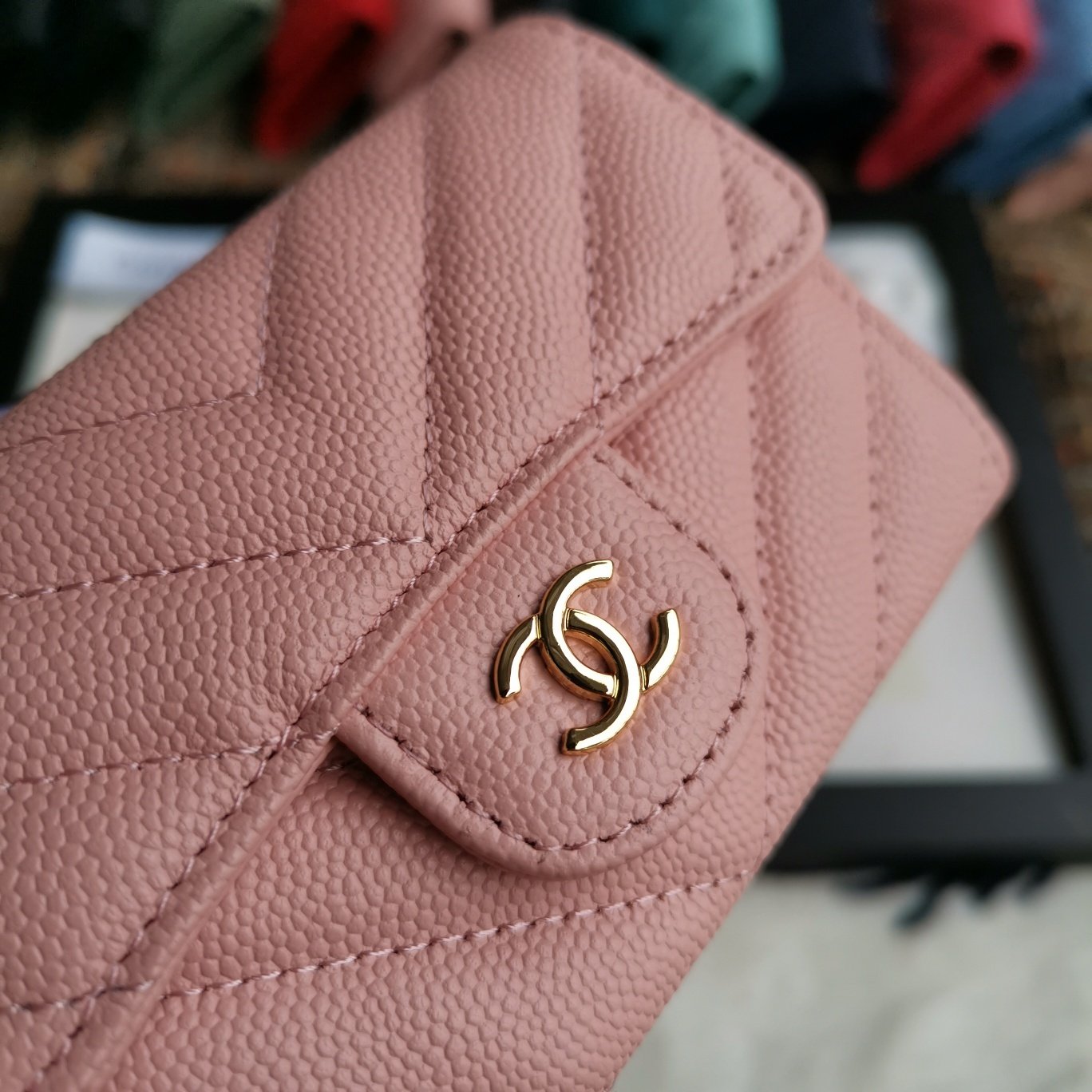 CHANEL Caviar Chevron Quilted Compact Flap Wallet Pink