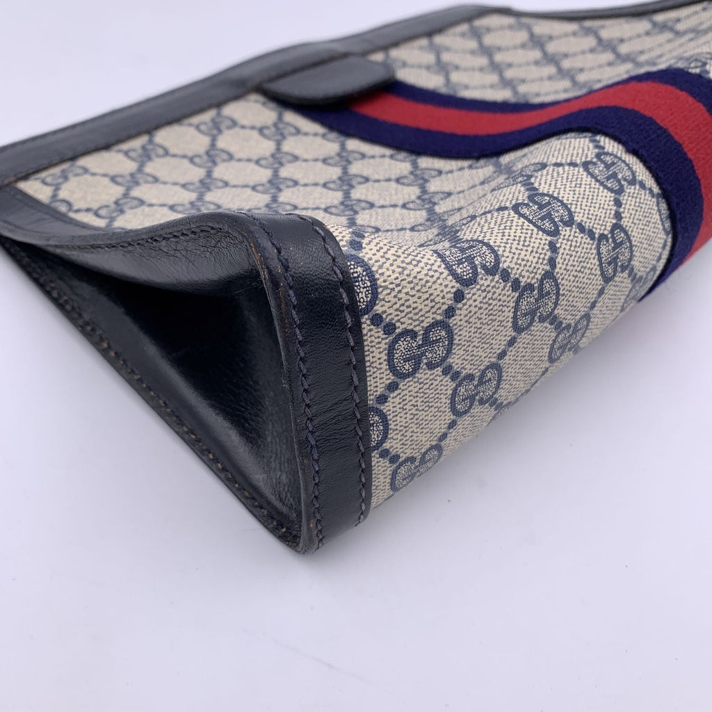 Gucci Vintage Blue Monogram Canvas Cosmetic Bag Clutch Stripes