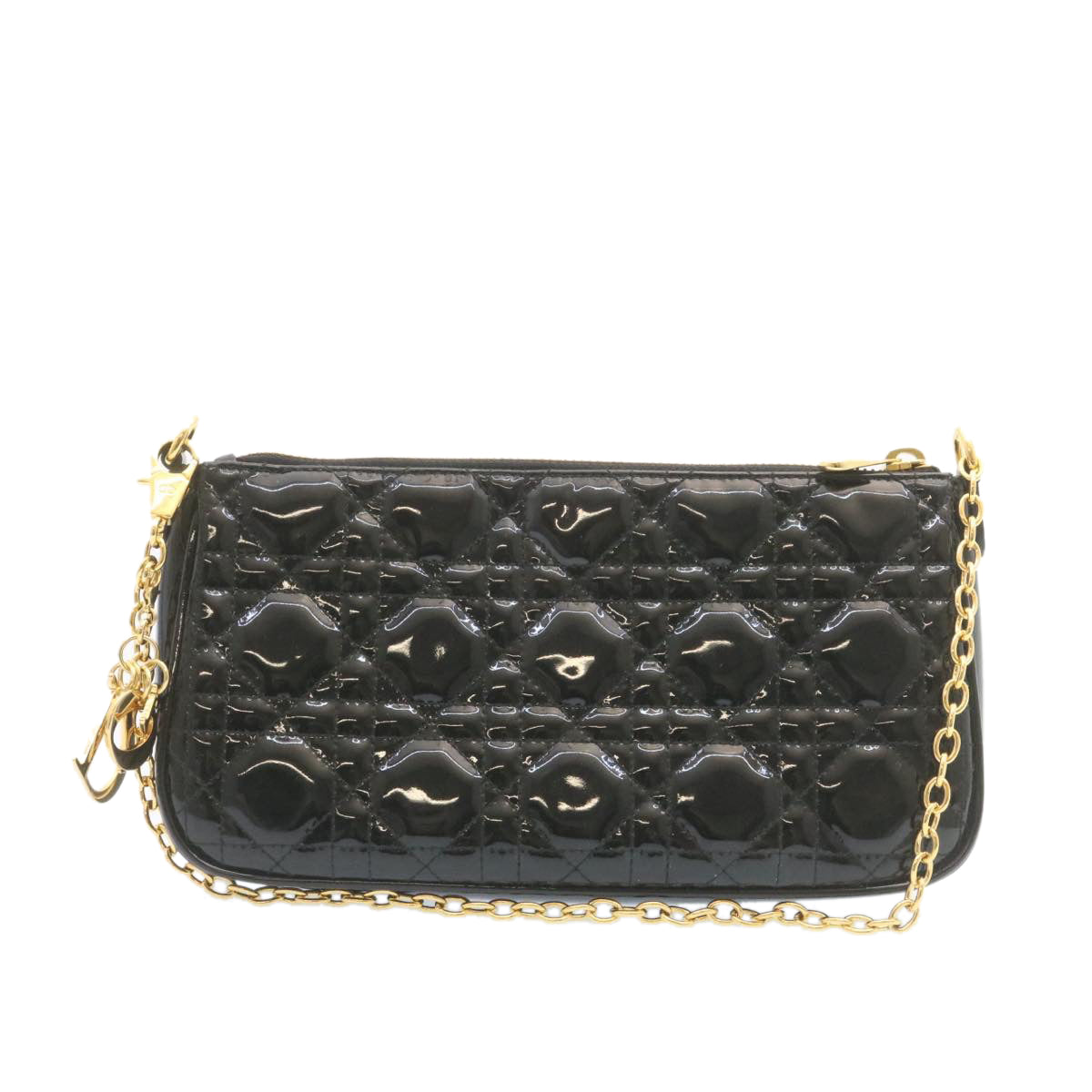 CHRISTIAN DIOR Chain Lady Dior Accessory Pouch Enamel Black Auth am427b