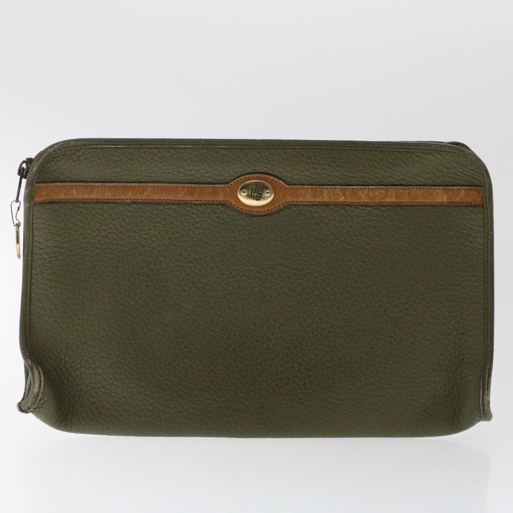 CHRISTIAN DIOR Shoulder Clutch Bag Leather 2Set Khaki Brown Auth bs6885