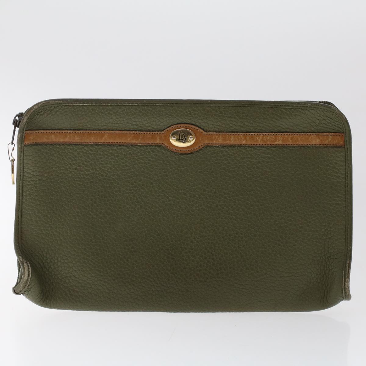 CHRISTIAN DIOR Shoulder Clutch Bag Leather 2Set Khaki Brown Auth bs6885