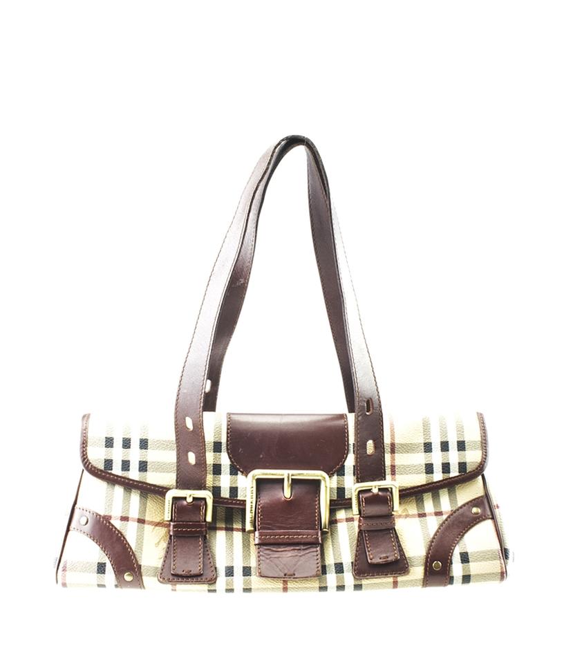 Burberry Ecordelia Buckle Haymarket Check Beige Canvas Satchel